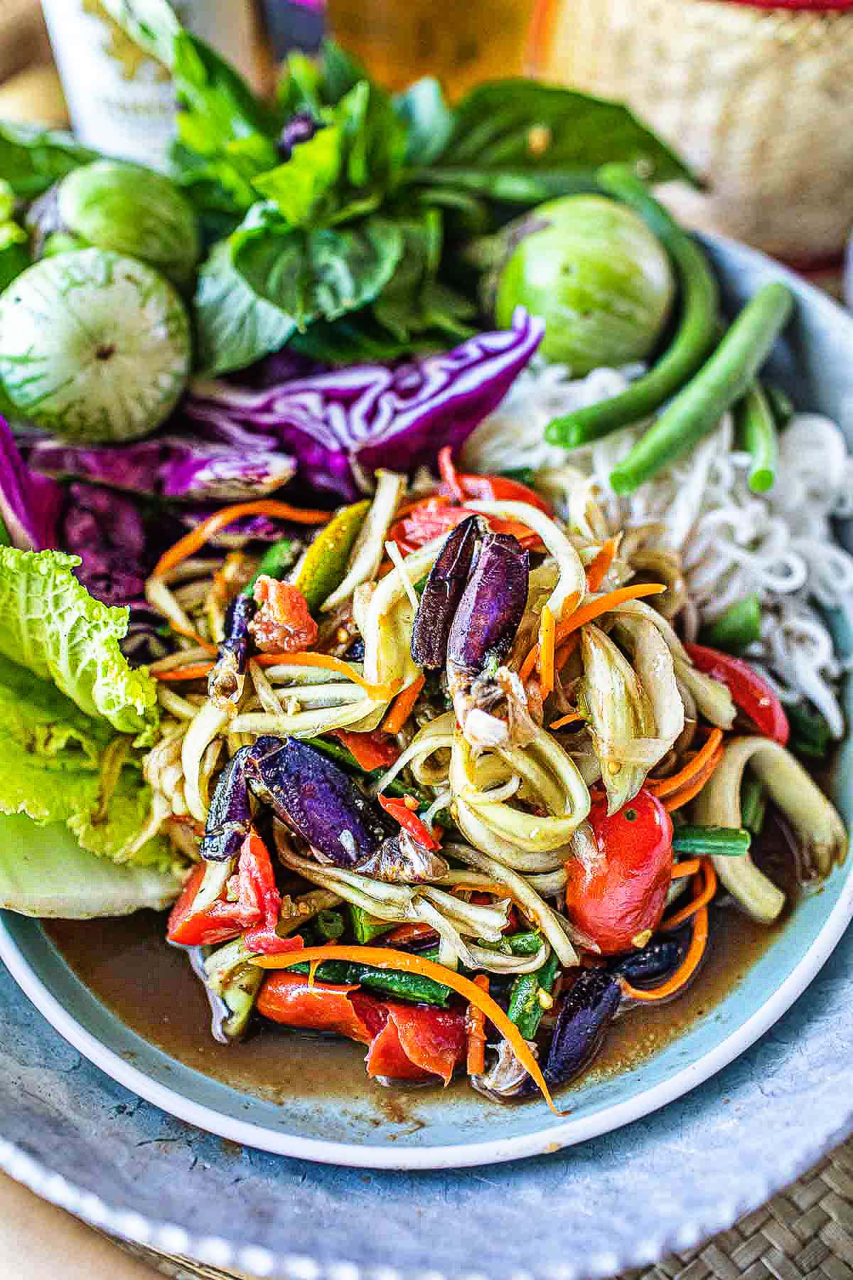 close up of lao papaya salad in a plate with fresh veggies garnish