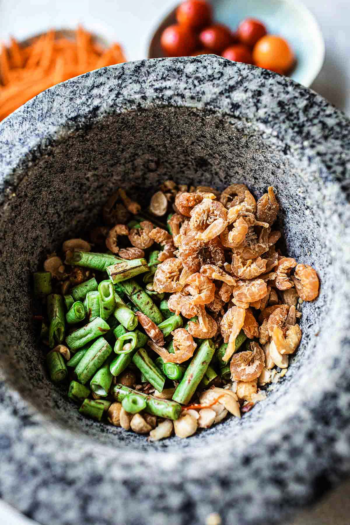 dried shrimp and long beans in a pestle