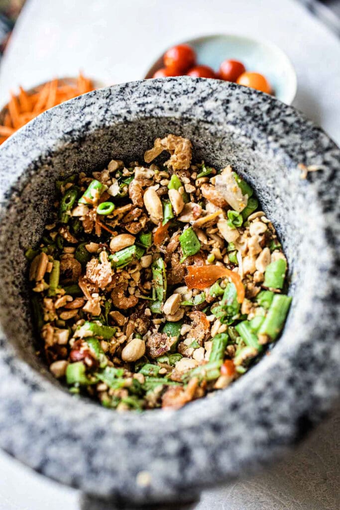 dried shrimp and long beans in a pestle
