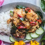 thai spicy catfish recipe in plate with rice