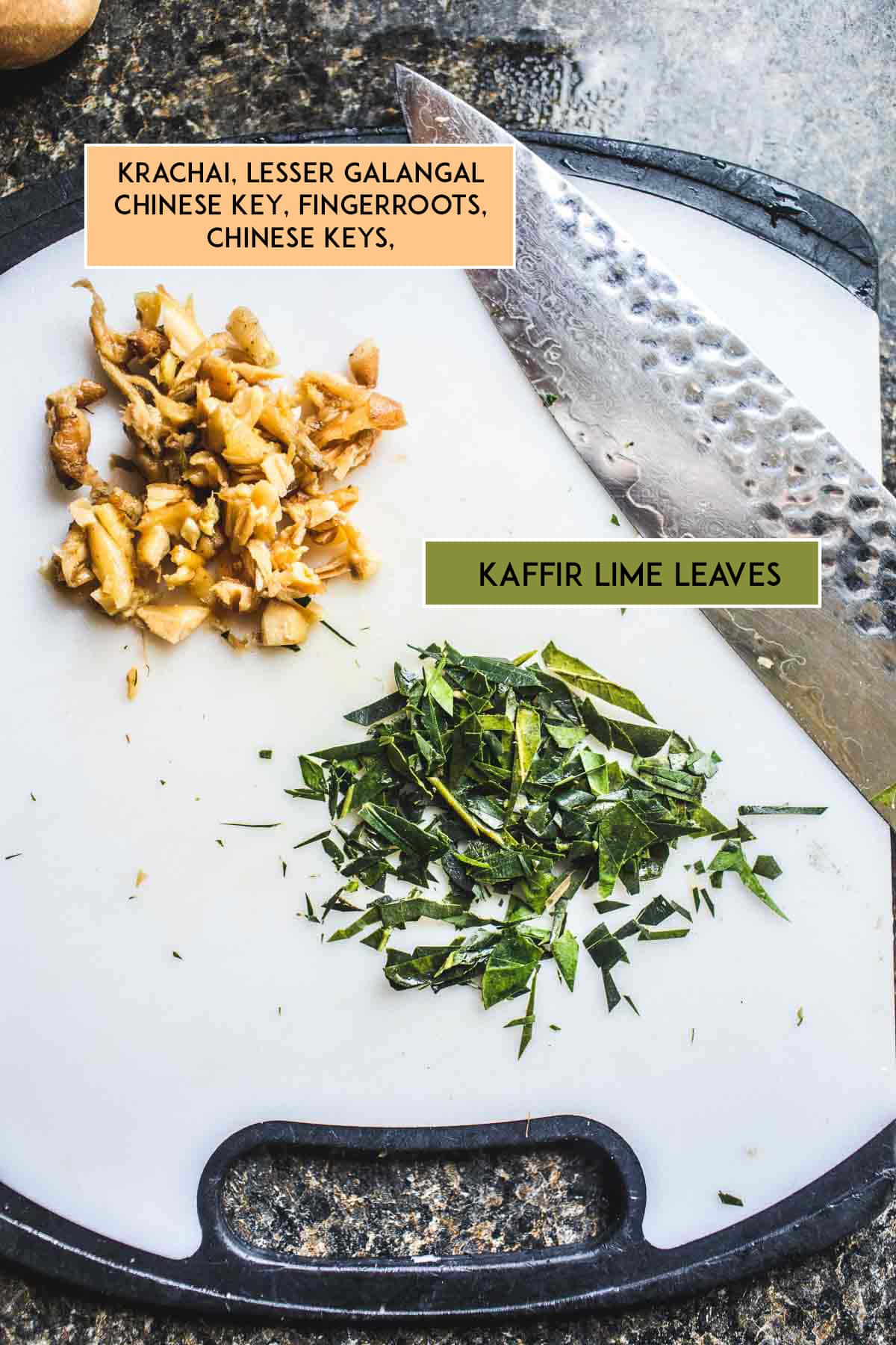 diced krachai and kaffir leaves