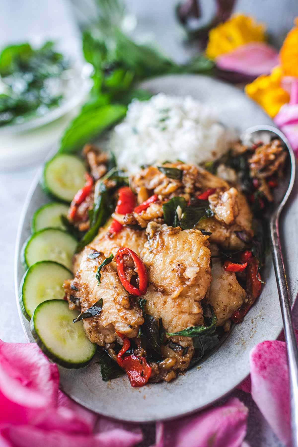 Thai spicy catfish stir-fried with red curry paste in a plate with rice