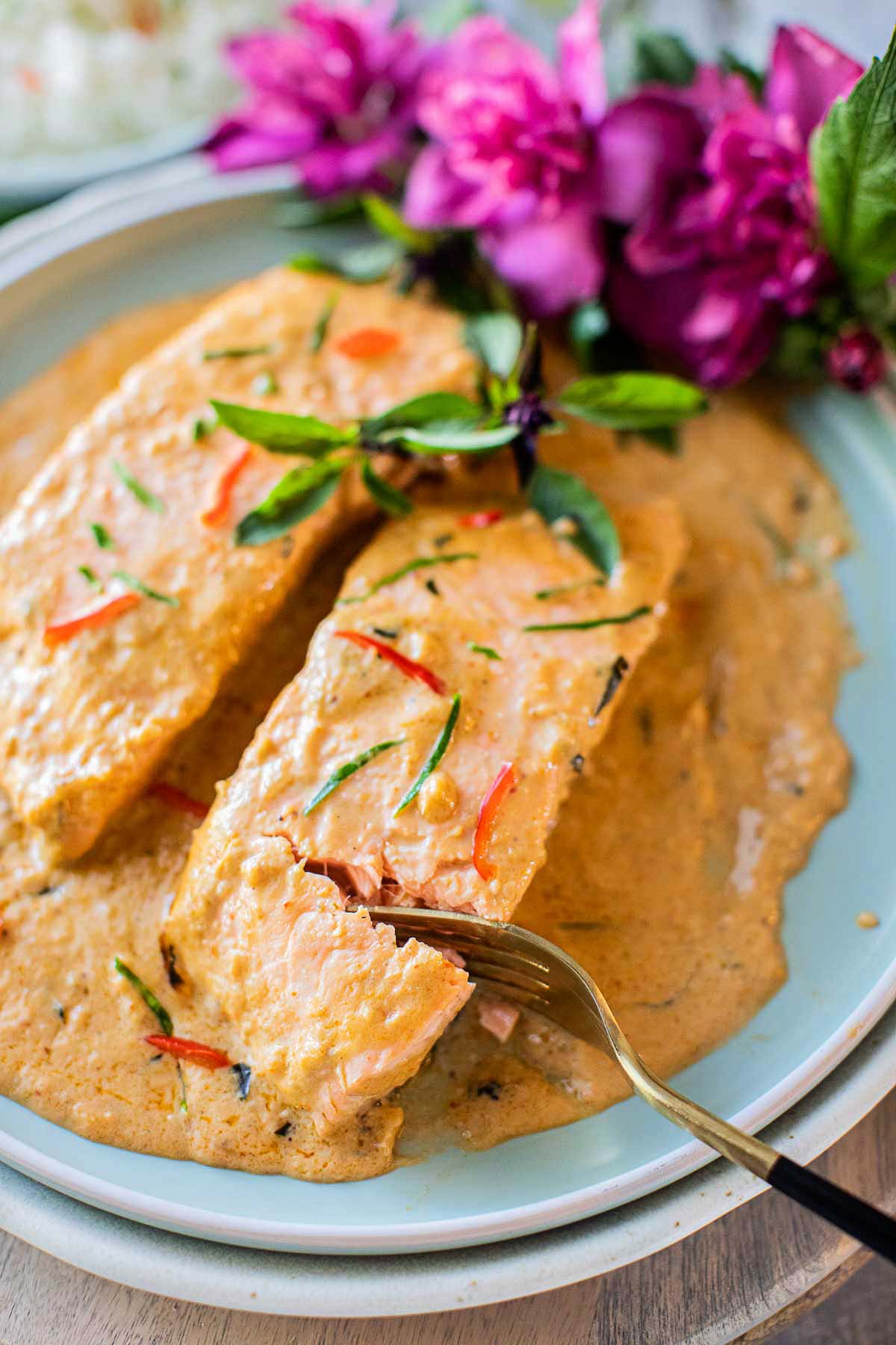 choo chee salmon fillets on a plate