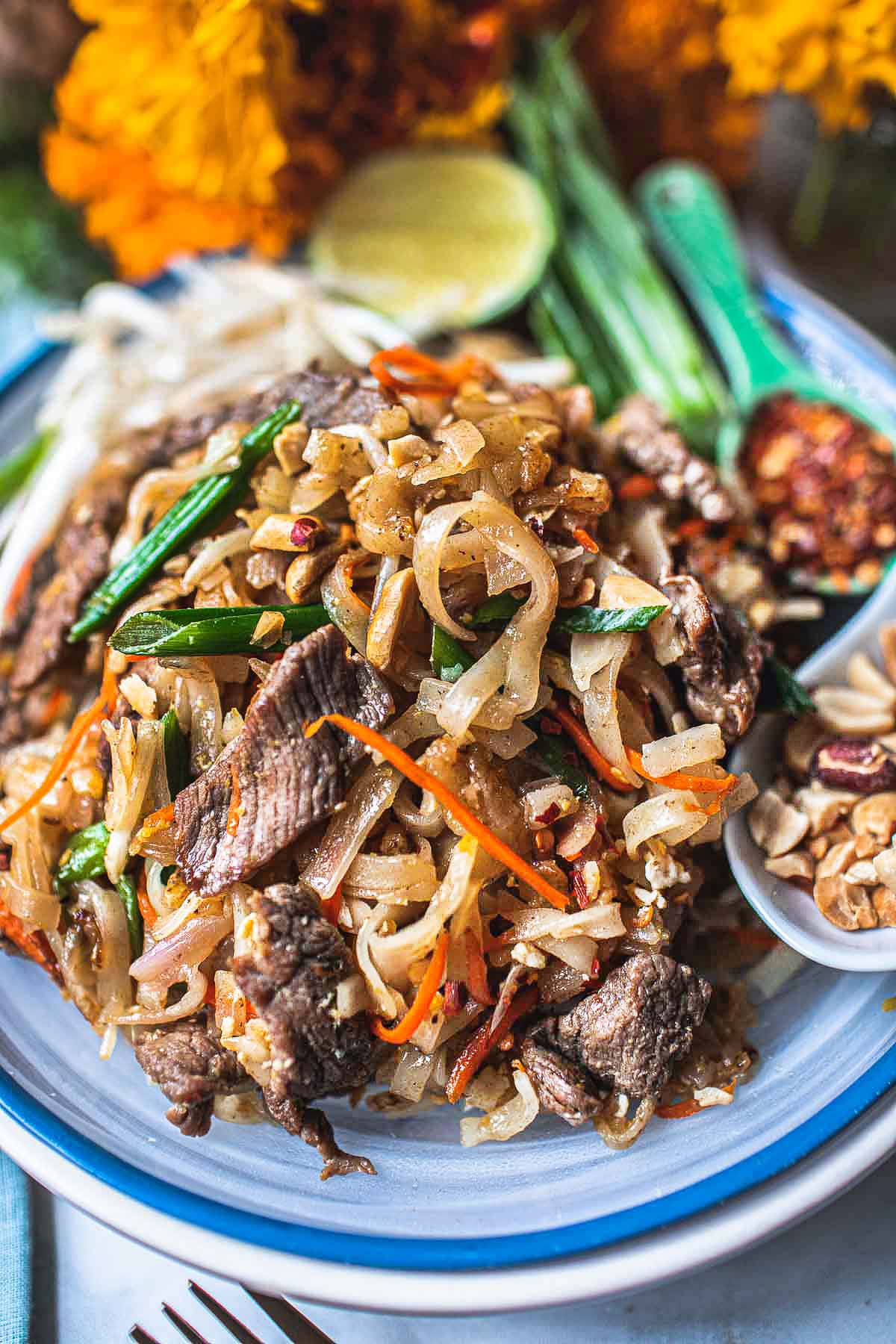 beef pad thai in a plate with peanuts garnish on the side 