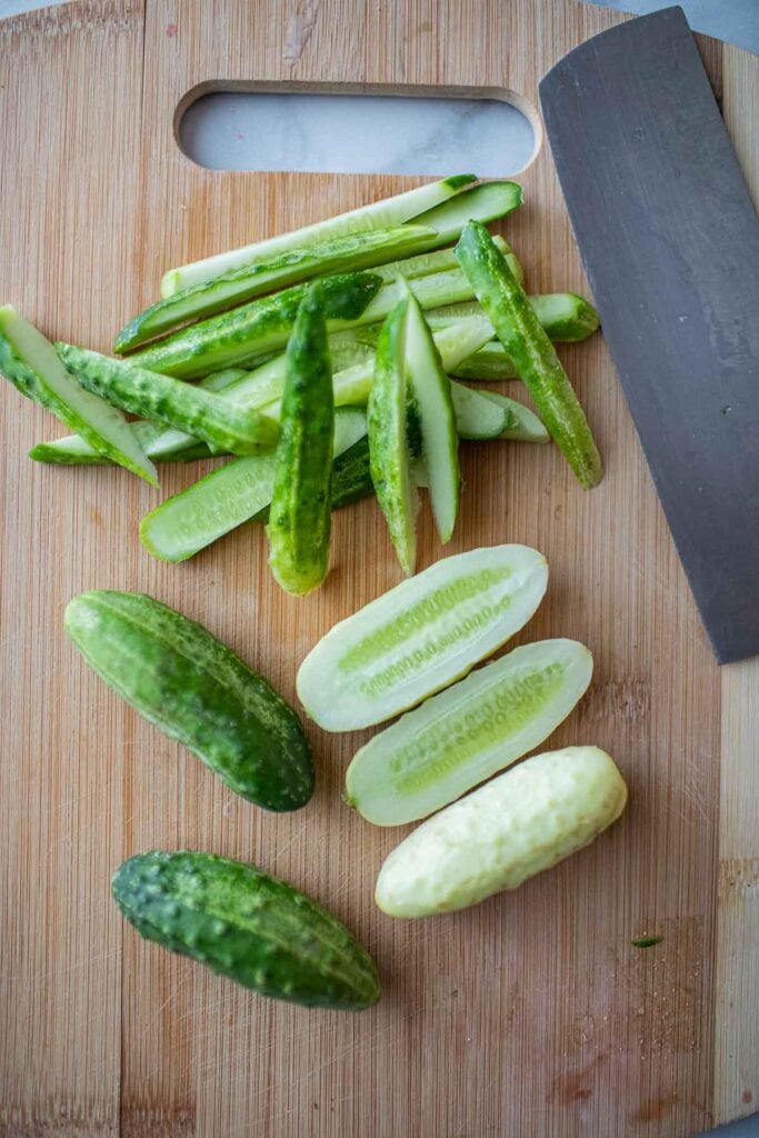 asian cucumbers on a cutting board