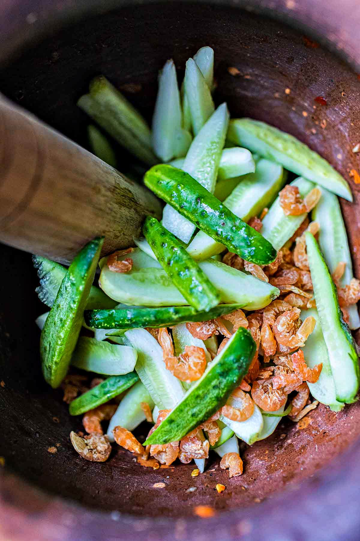 cucumber and dried shrimp in a mortar