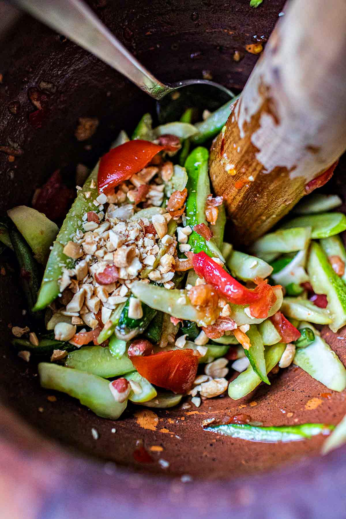 spicy cucumber salad recipe in a mortar