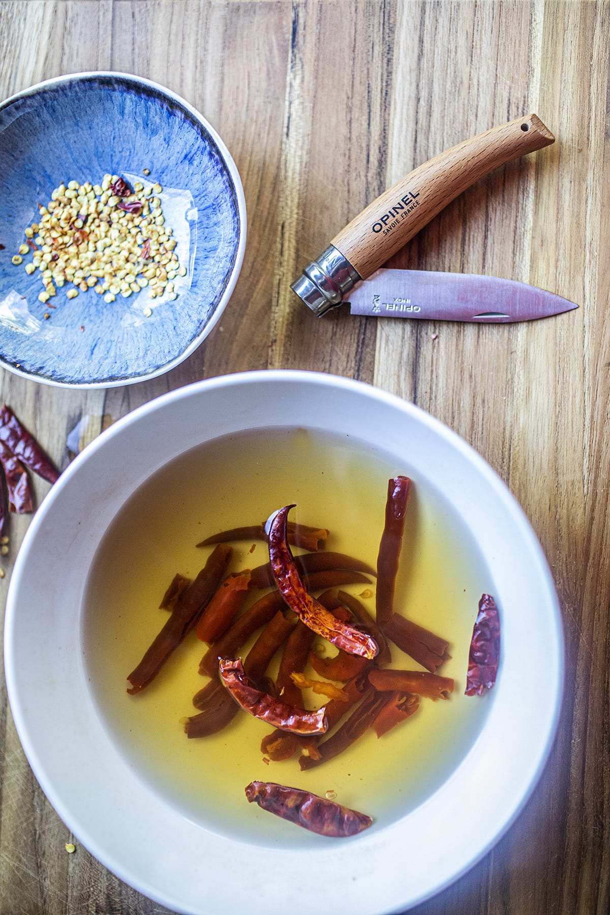 soaked red chilis in a bowl