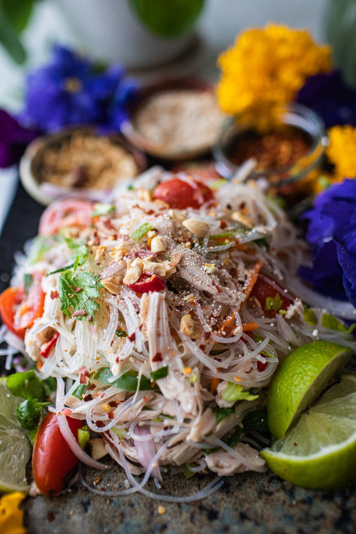 thai glass noodle salad with leftover turkey on a plate