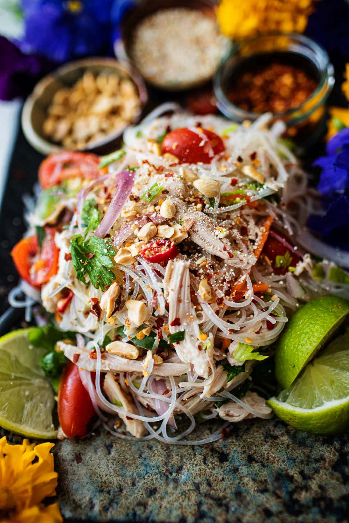 Thai glass noodles salad with turkey on a plate
