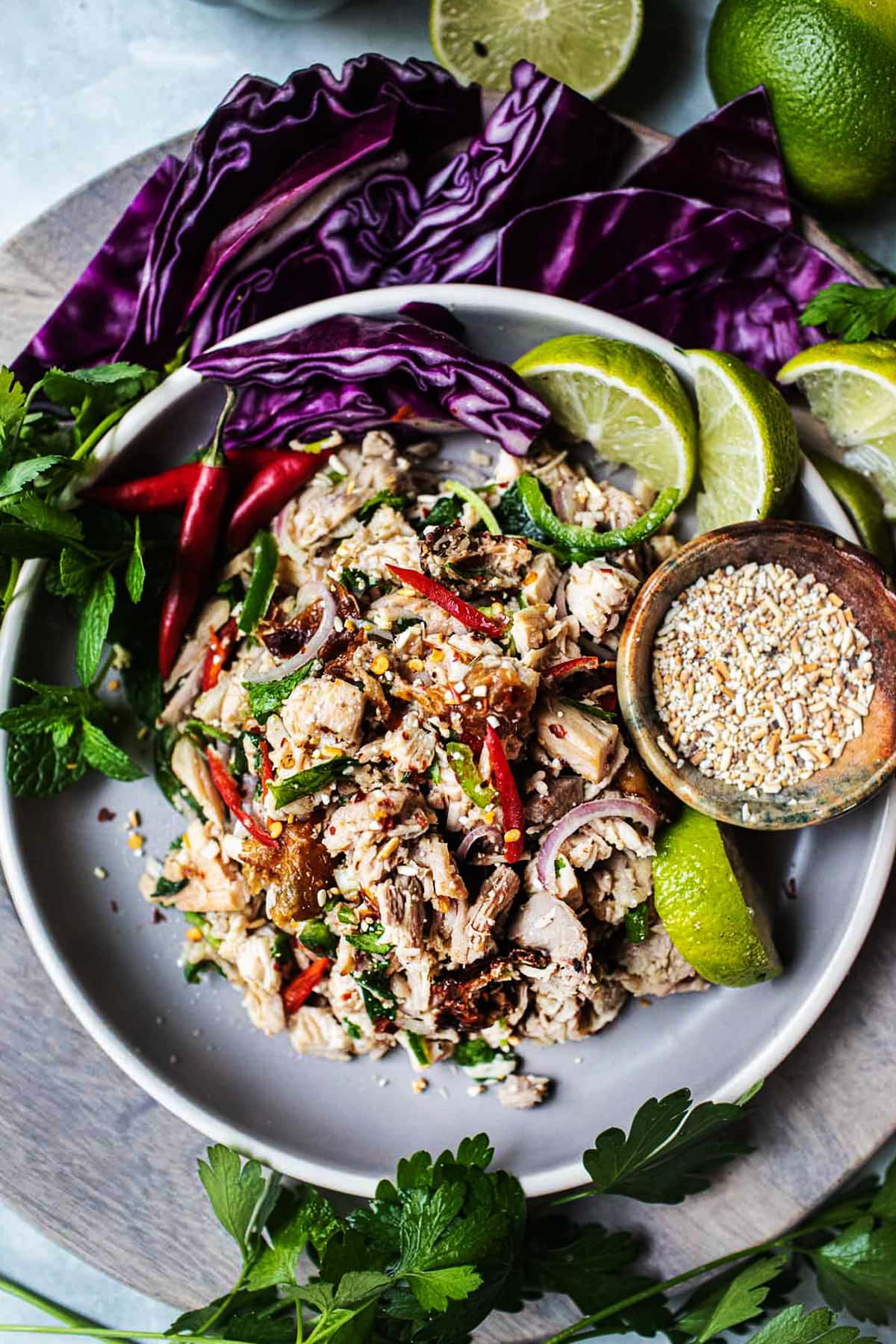 Larb turkey on a plate with cabbage garnish