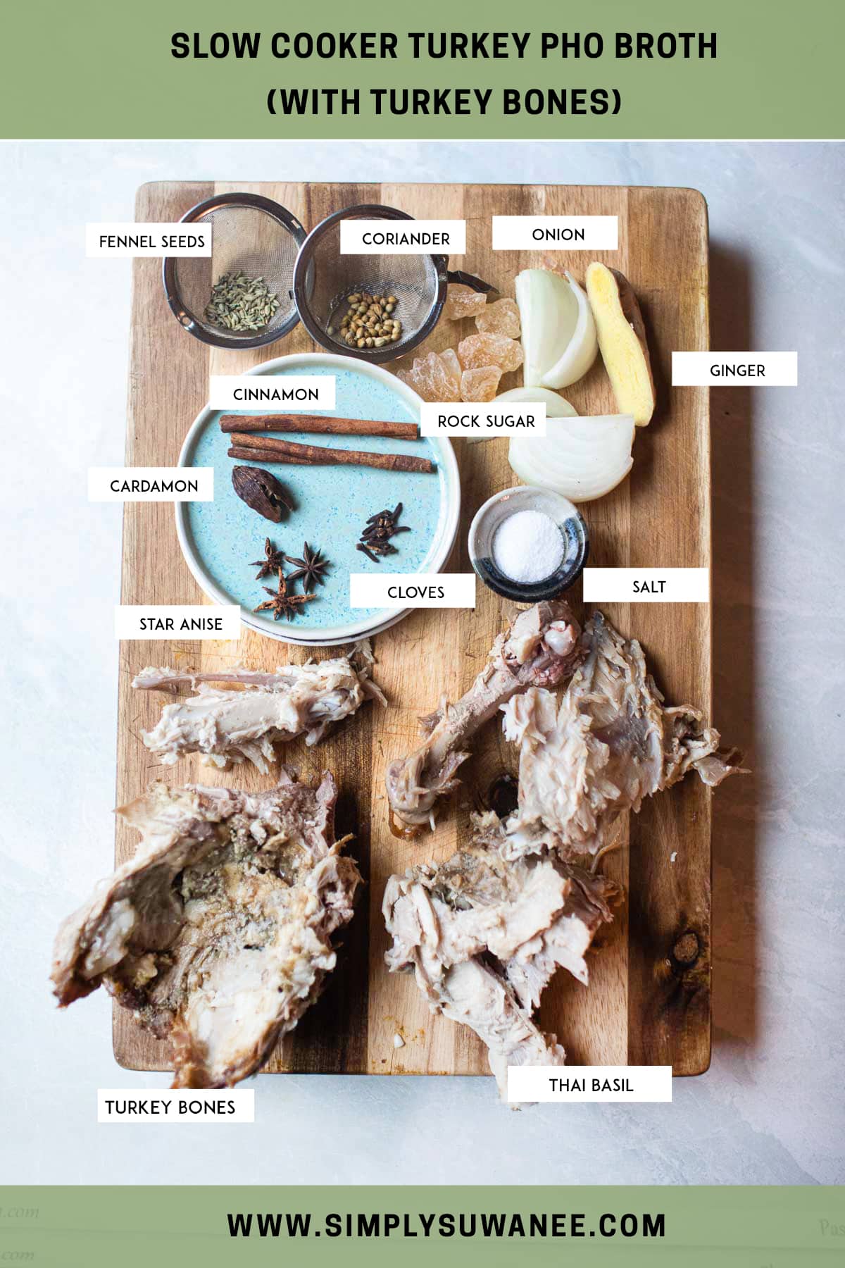turkey pho ingredient list on a cutting board