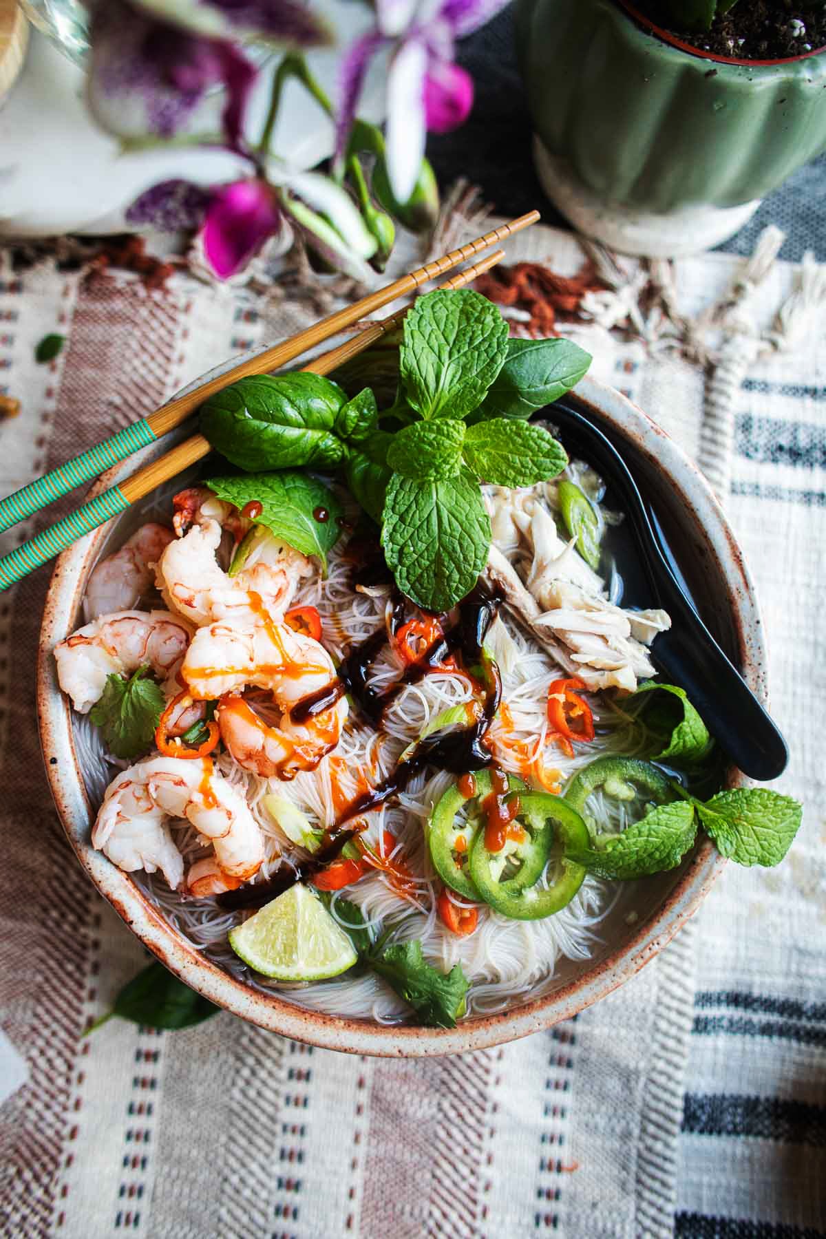 turkey pho with shrimp and noodles and herbs