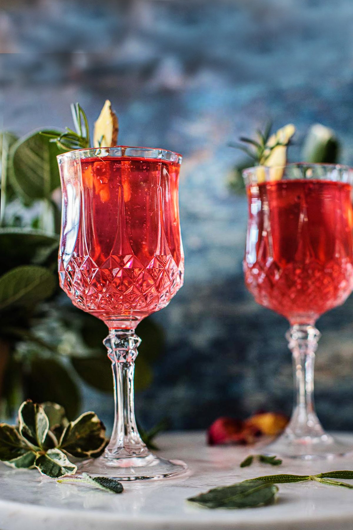 strawberry roku gin and tonic cocktail in cocktail glasses with ginger garnish