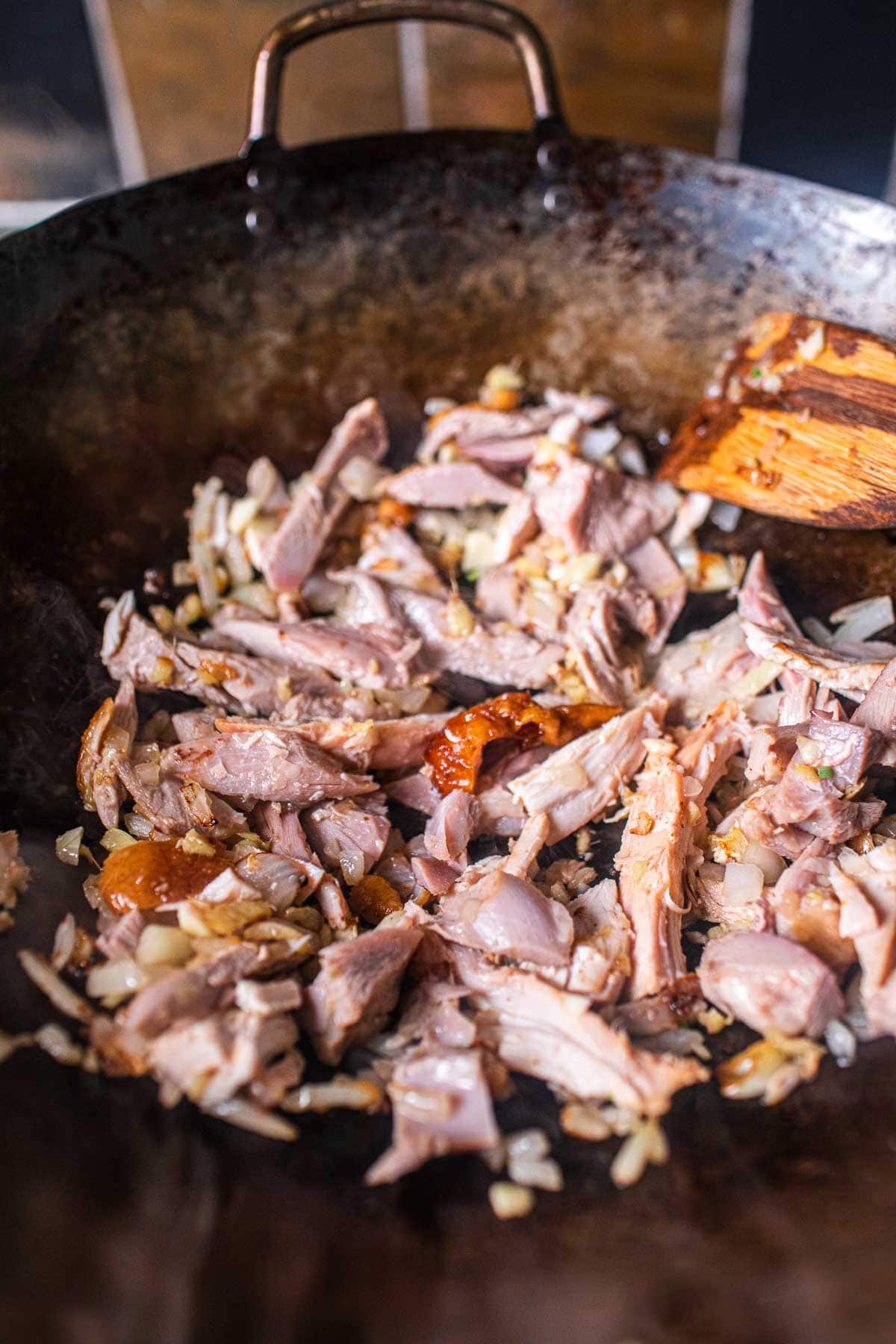 Turkey in a wok stir frying