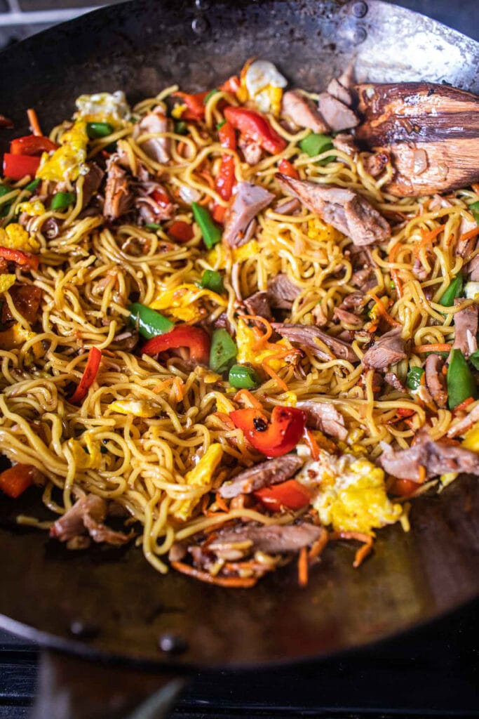 yakisoba noodles stir fry in a wok