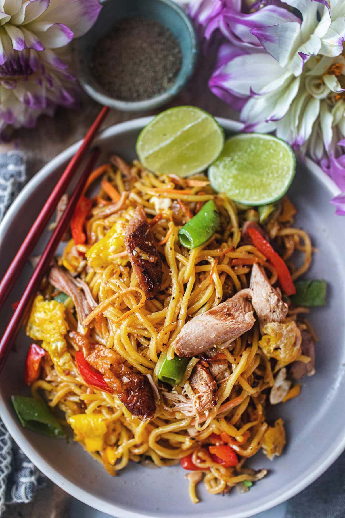 Yakisoba noodles stir fry with turkey on a plate