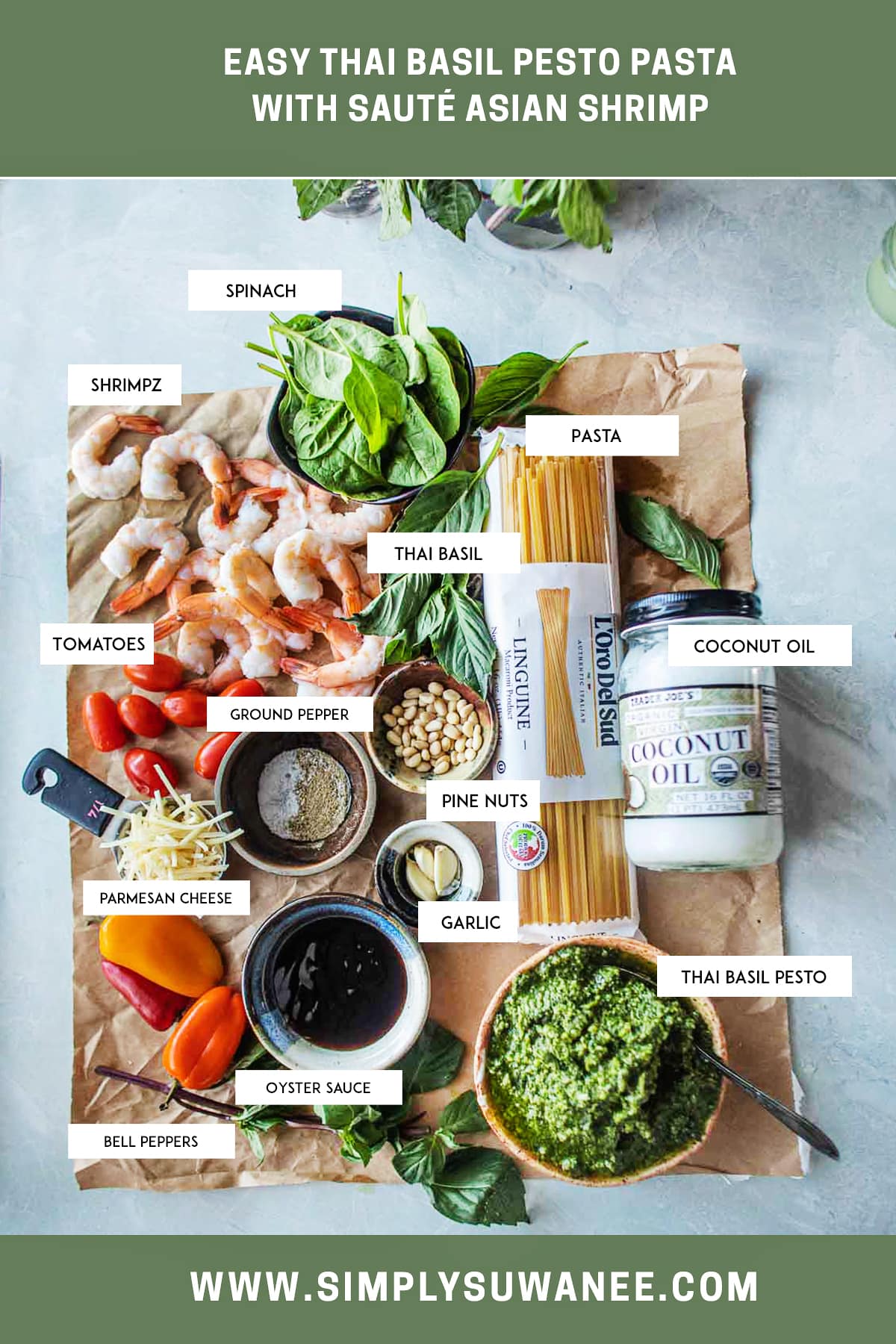 ingredients for making Thai basil pesto pasta with shrimp 