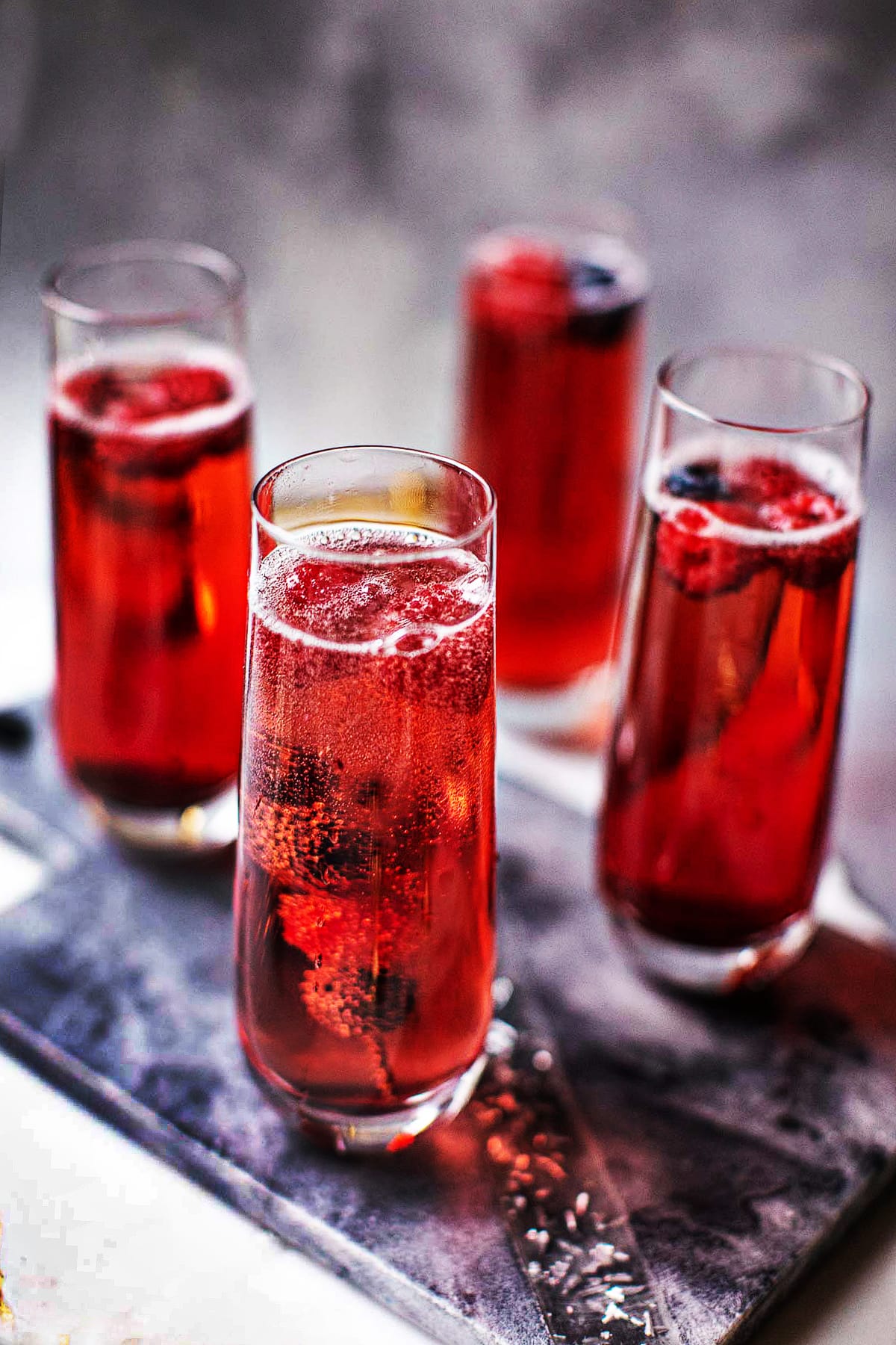 Kir royale in Champagne glasses on a table