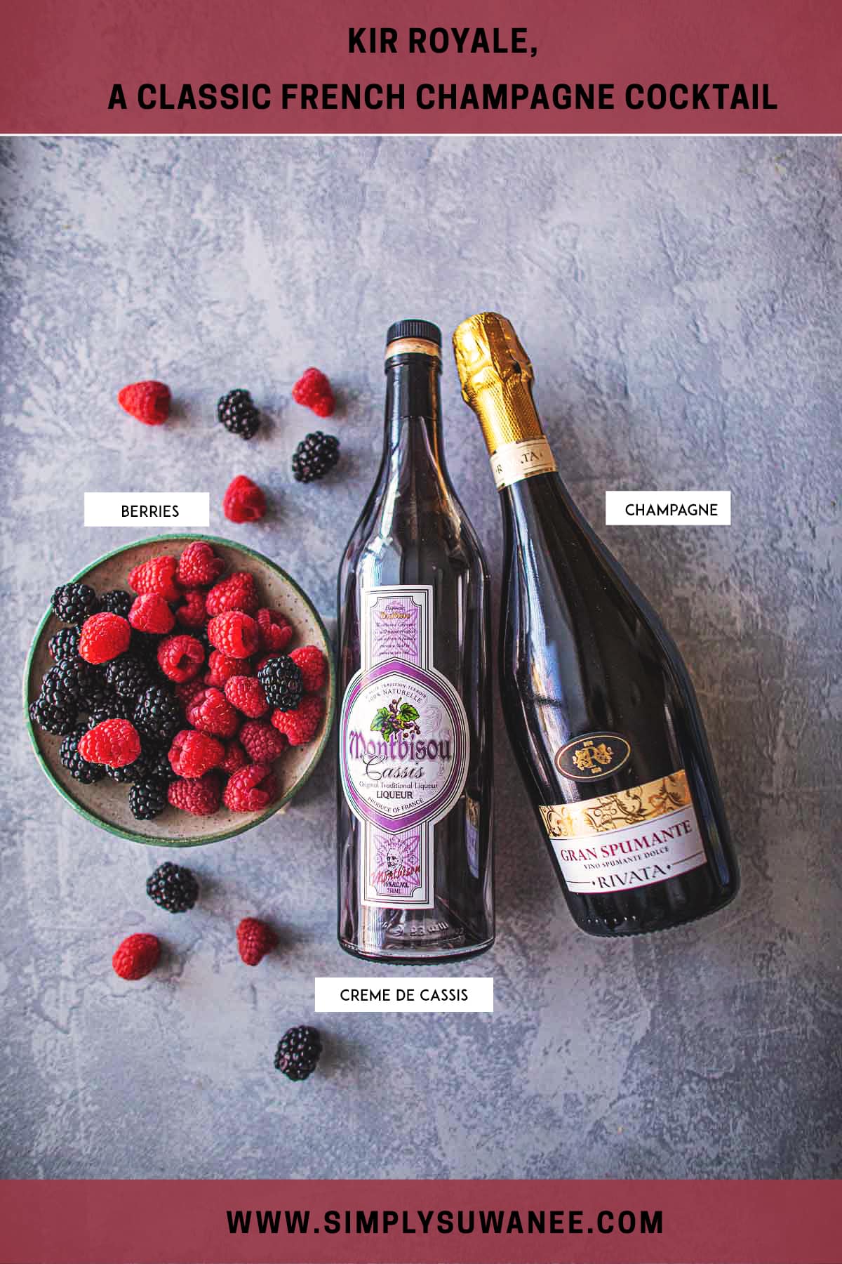 creme de cassis, champagne and berries for making kir royale 