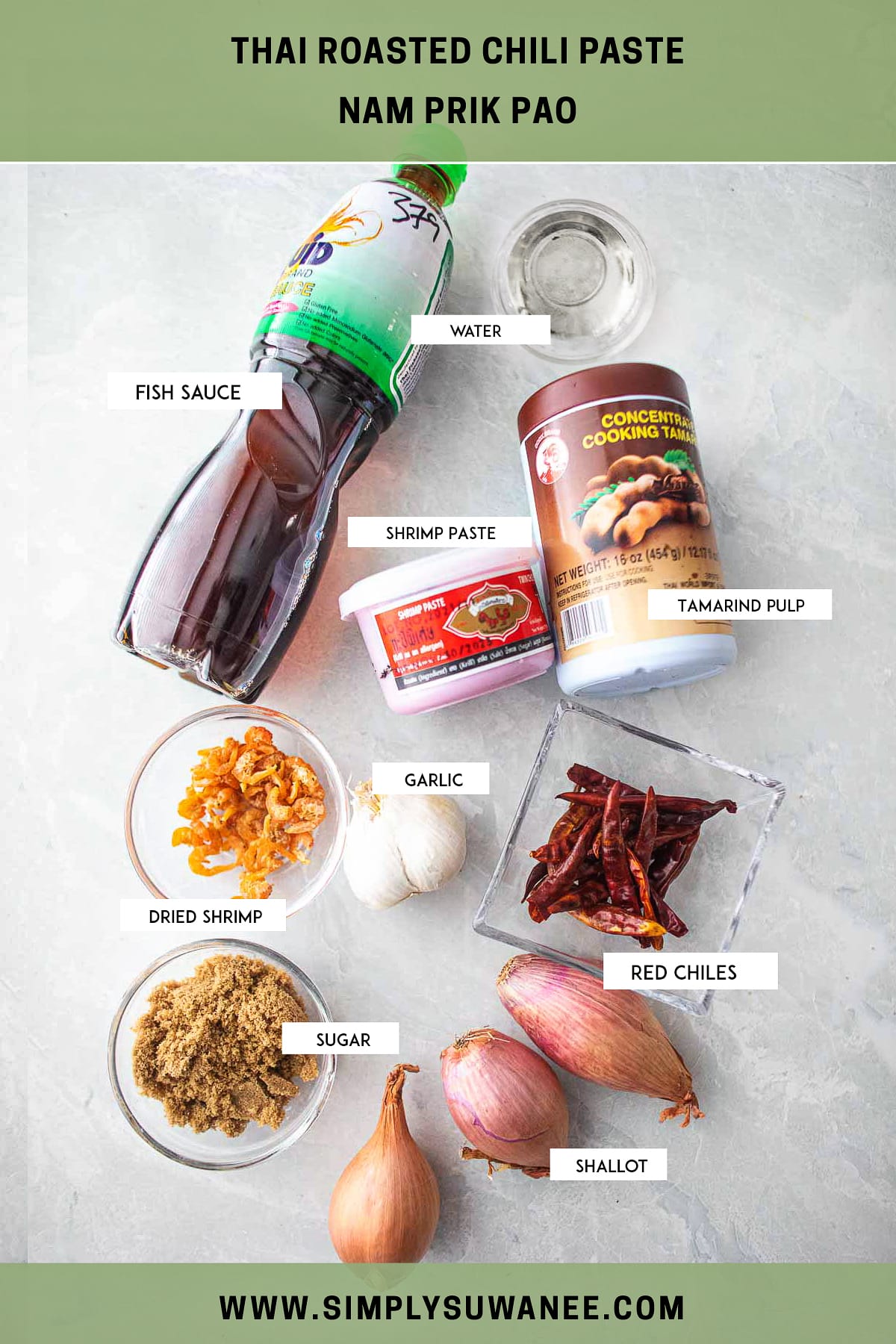 Ingredients for Thai chili paste nam prik pao on a table.