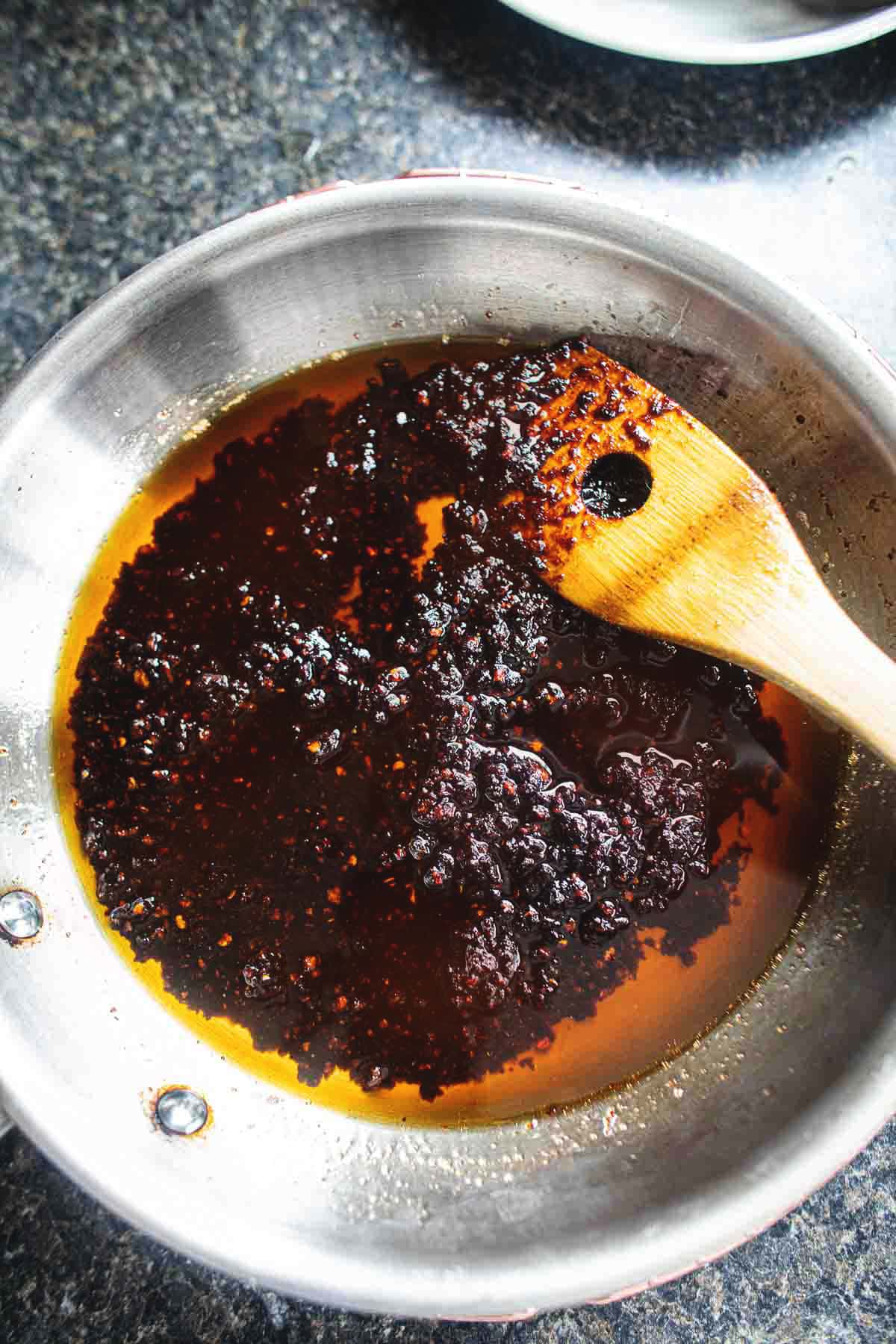 Nam Prik Pao paste in a pan.