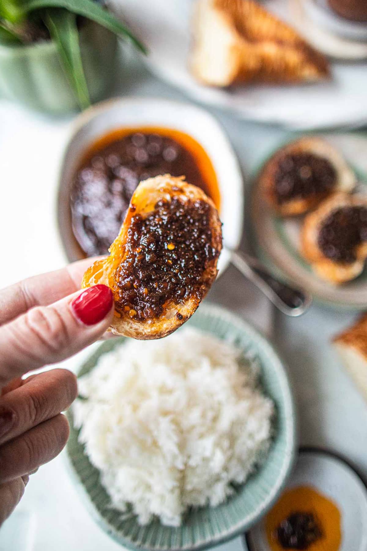 Thai roasted chili paste on a piece of toast.