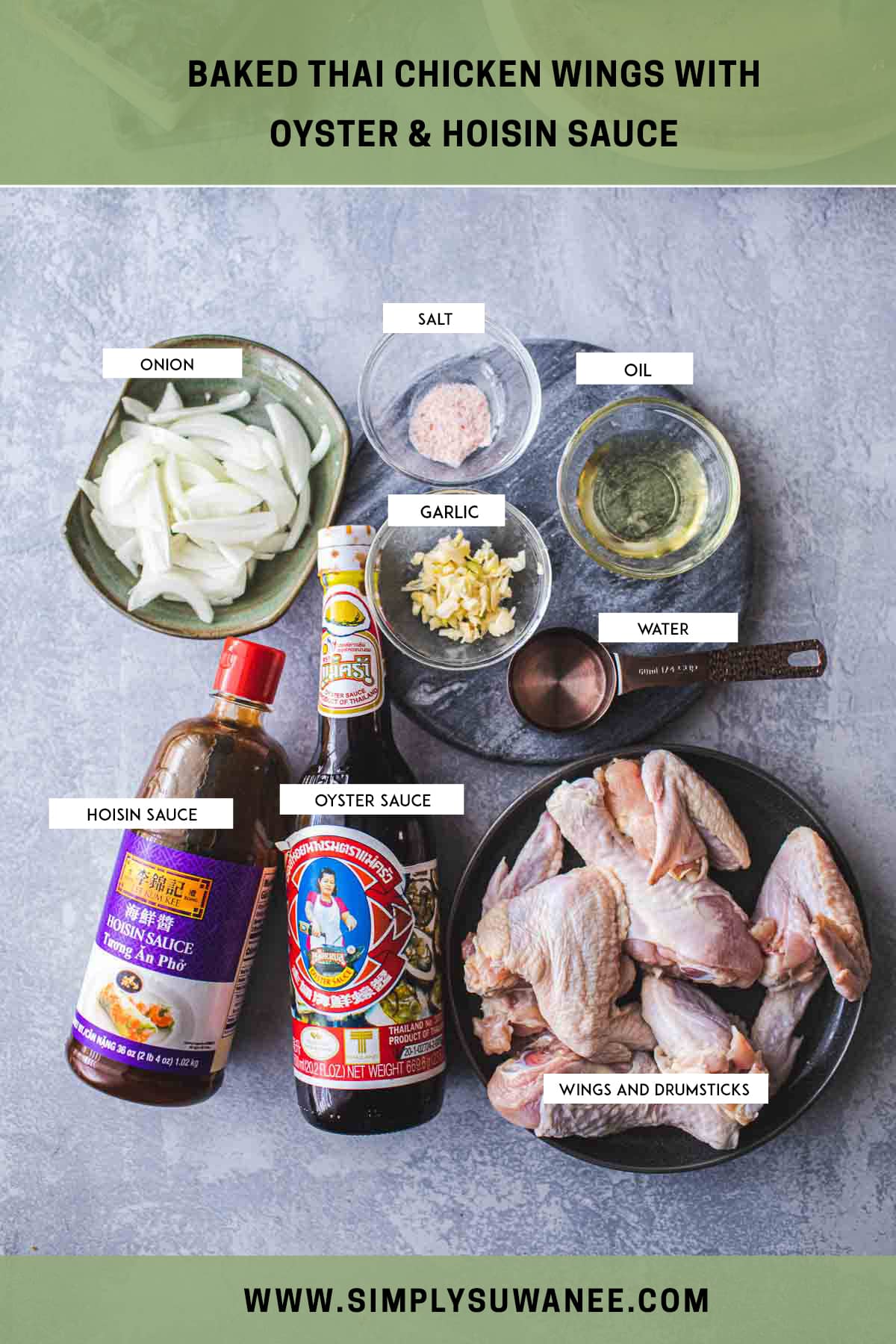 ingredients for thai chicken wings with oyster sauce on a table. 