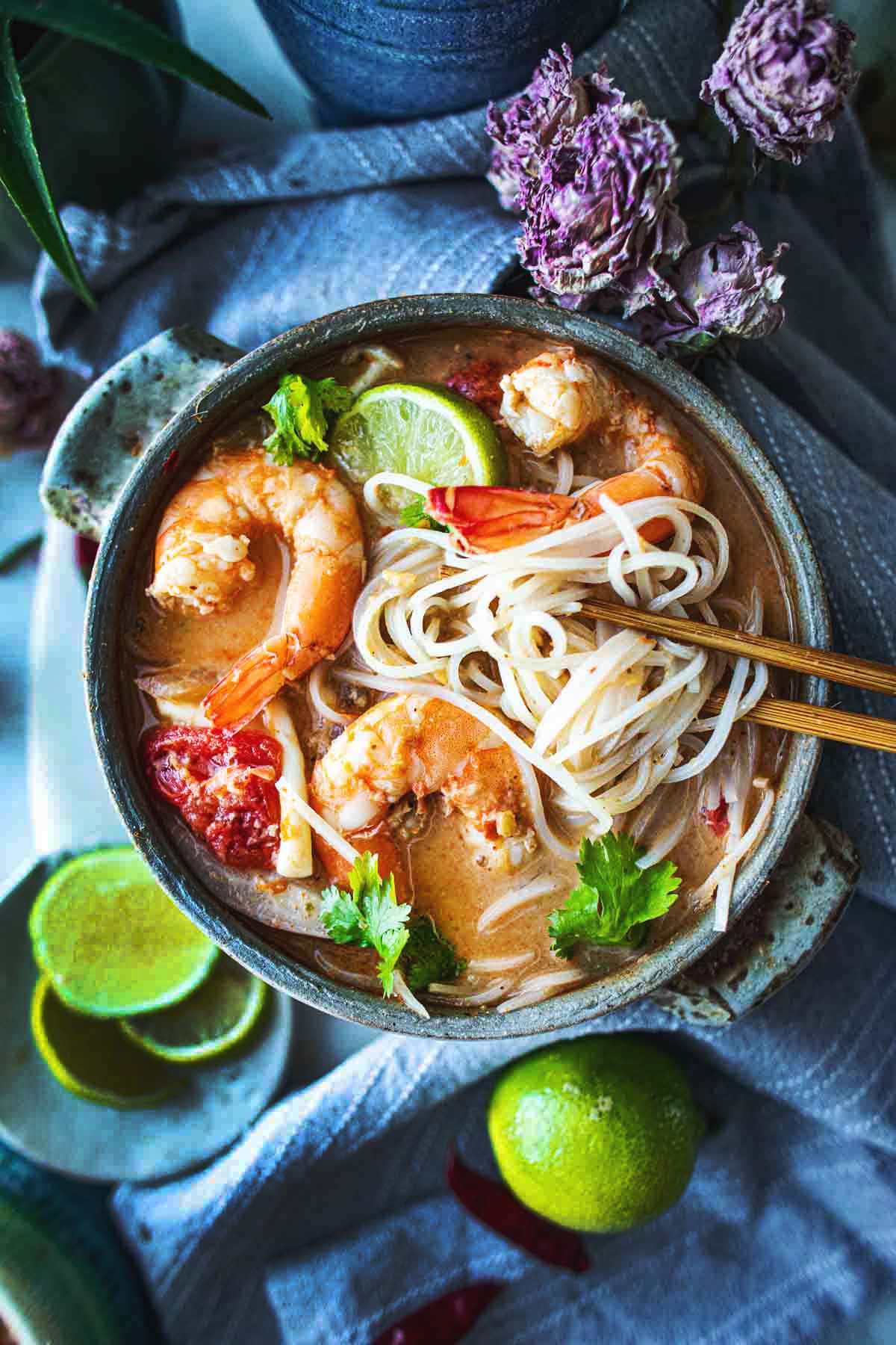 Creamy tom yum noodles in a  bowl.