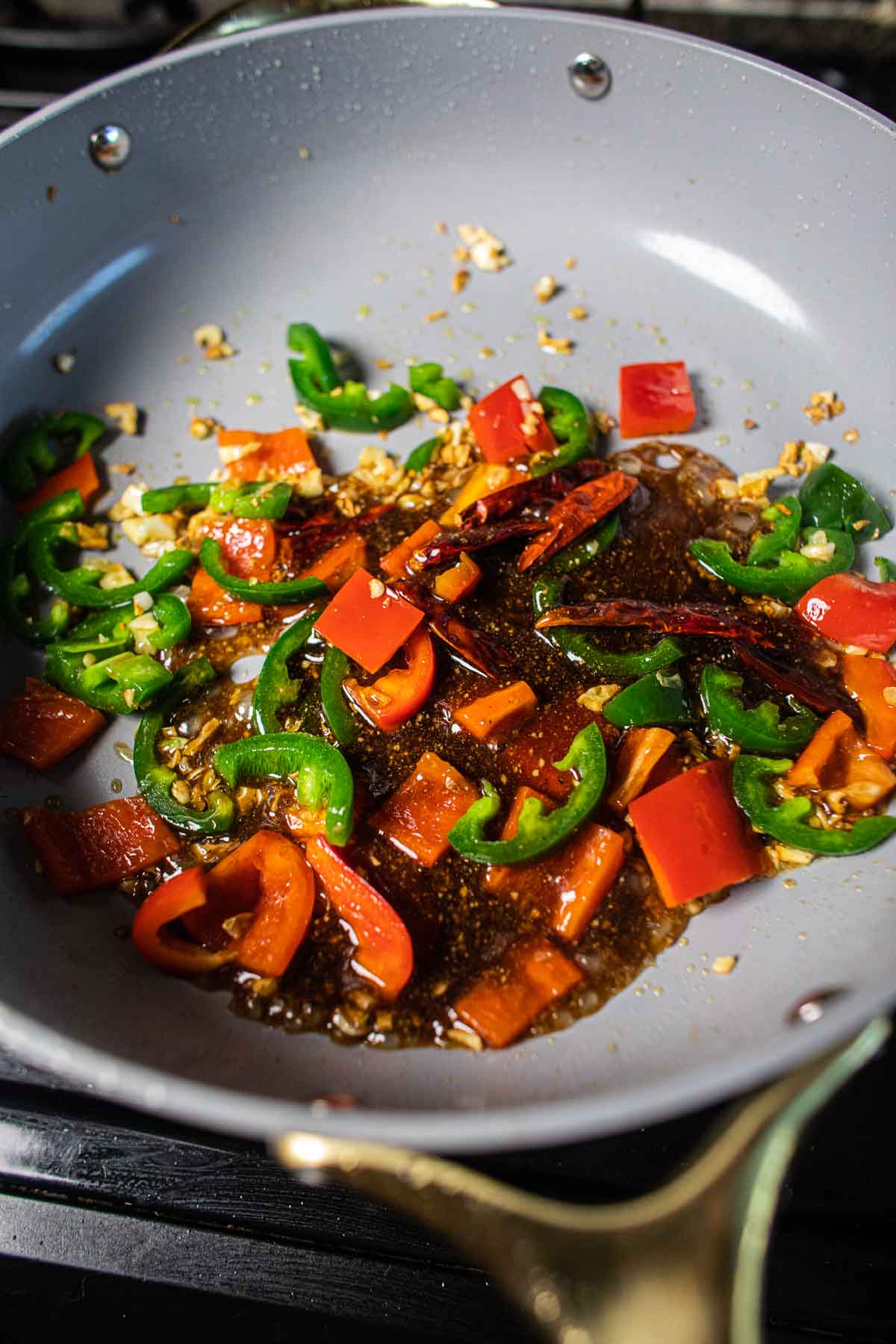 Peppers and garlic sauce in a pan. 