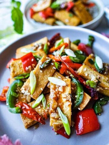 Thai black pepper garlic tofu on a platter