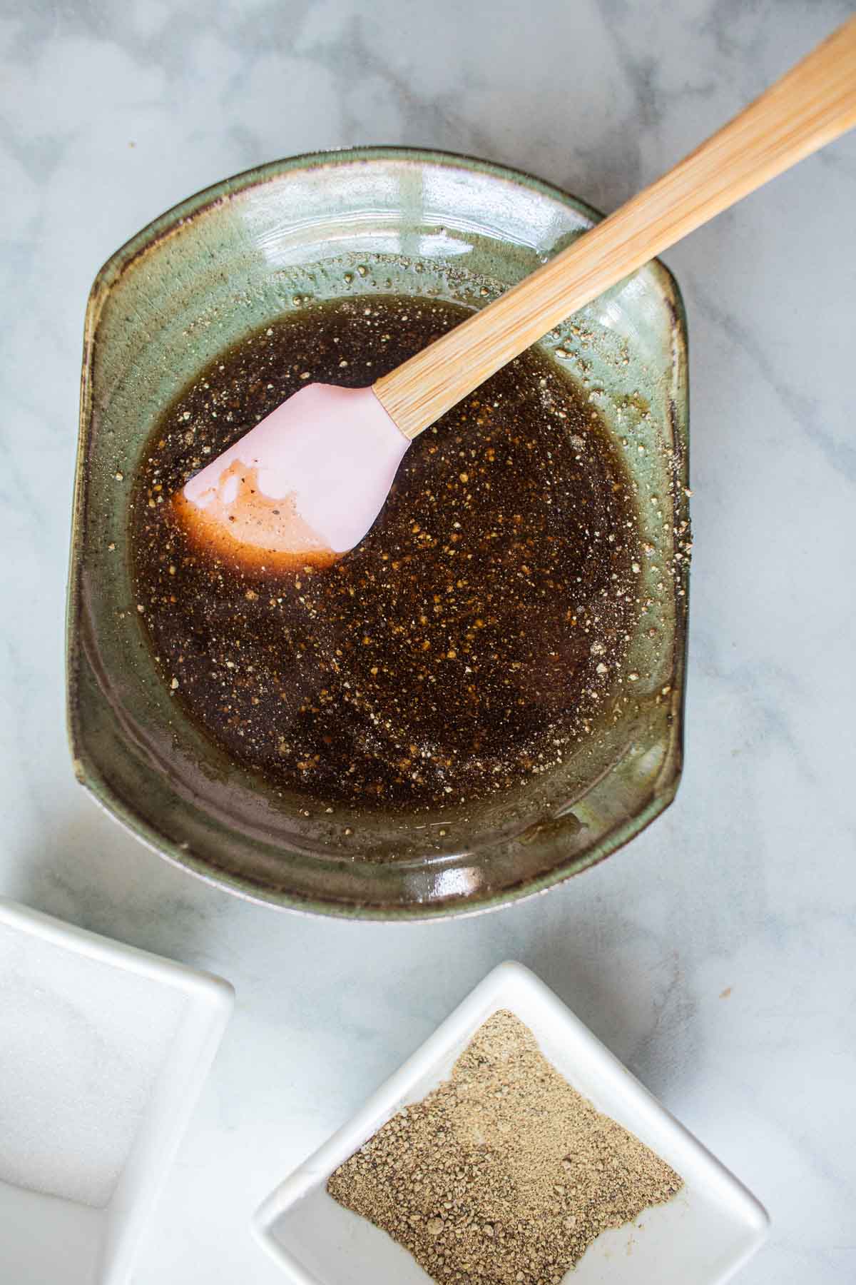 Black pepper garlic sauce in a bowl.