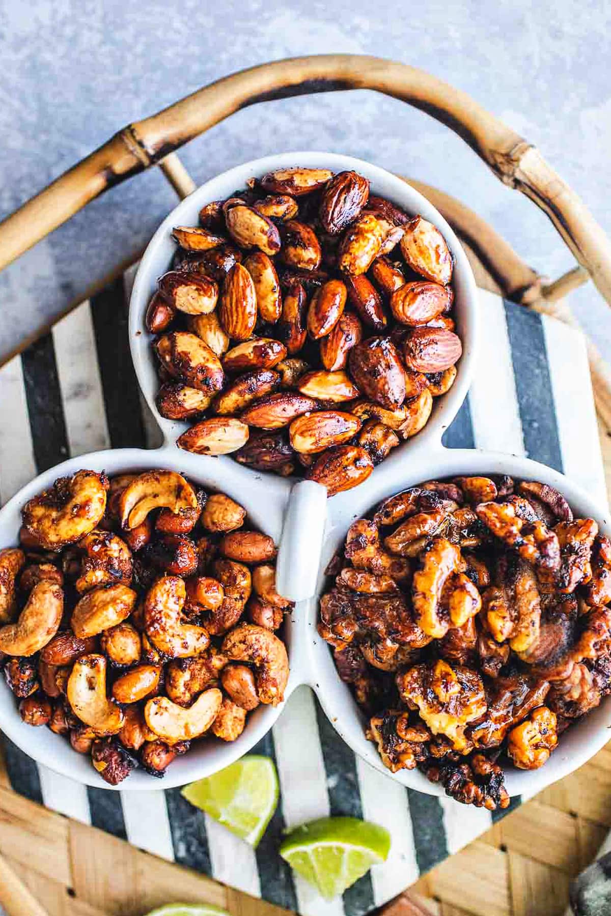 Tom yum roasted nuts in small bowls.