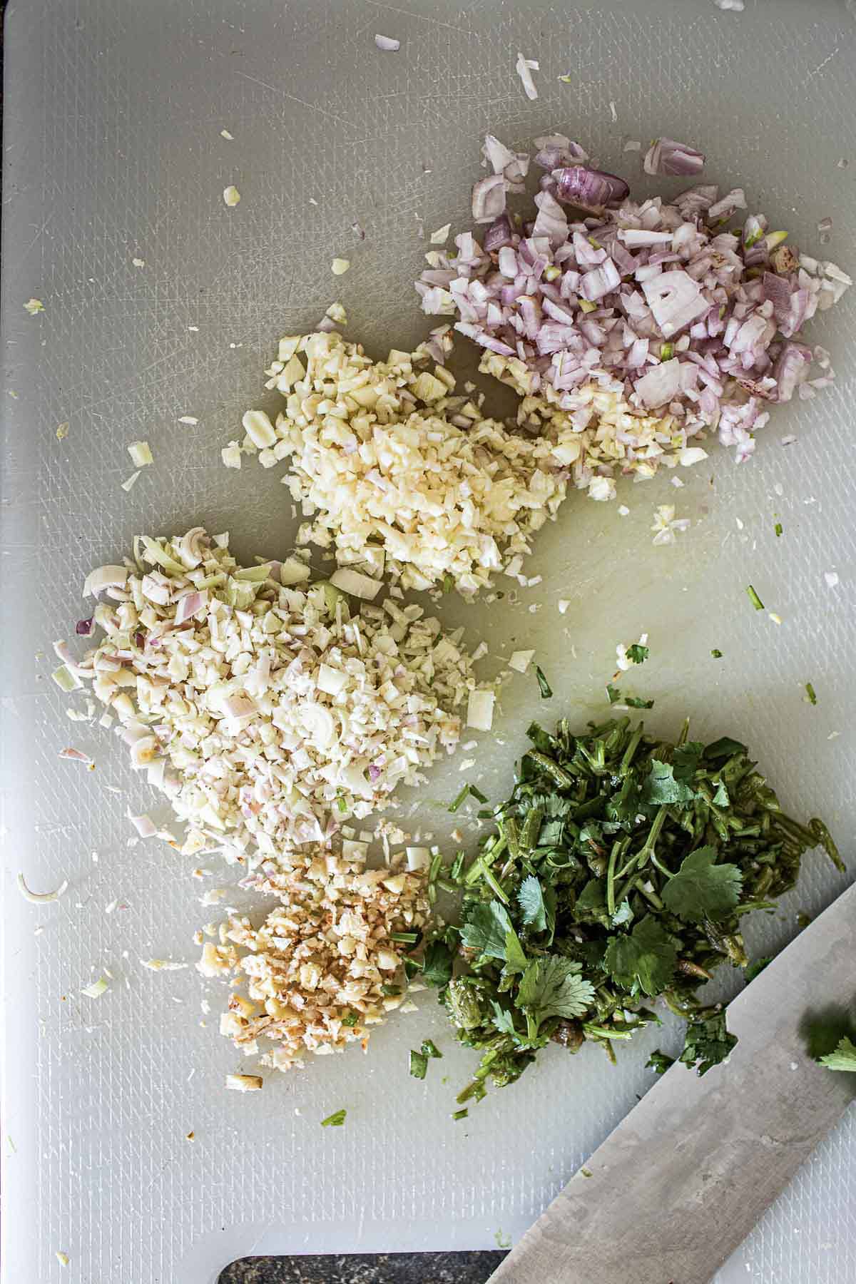 Chopped aromatics on a cutting board on the counter. 