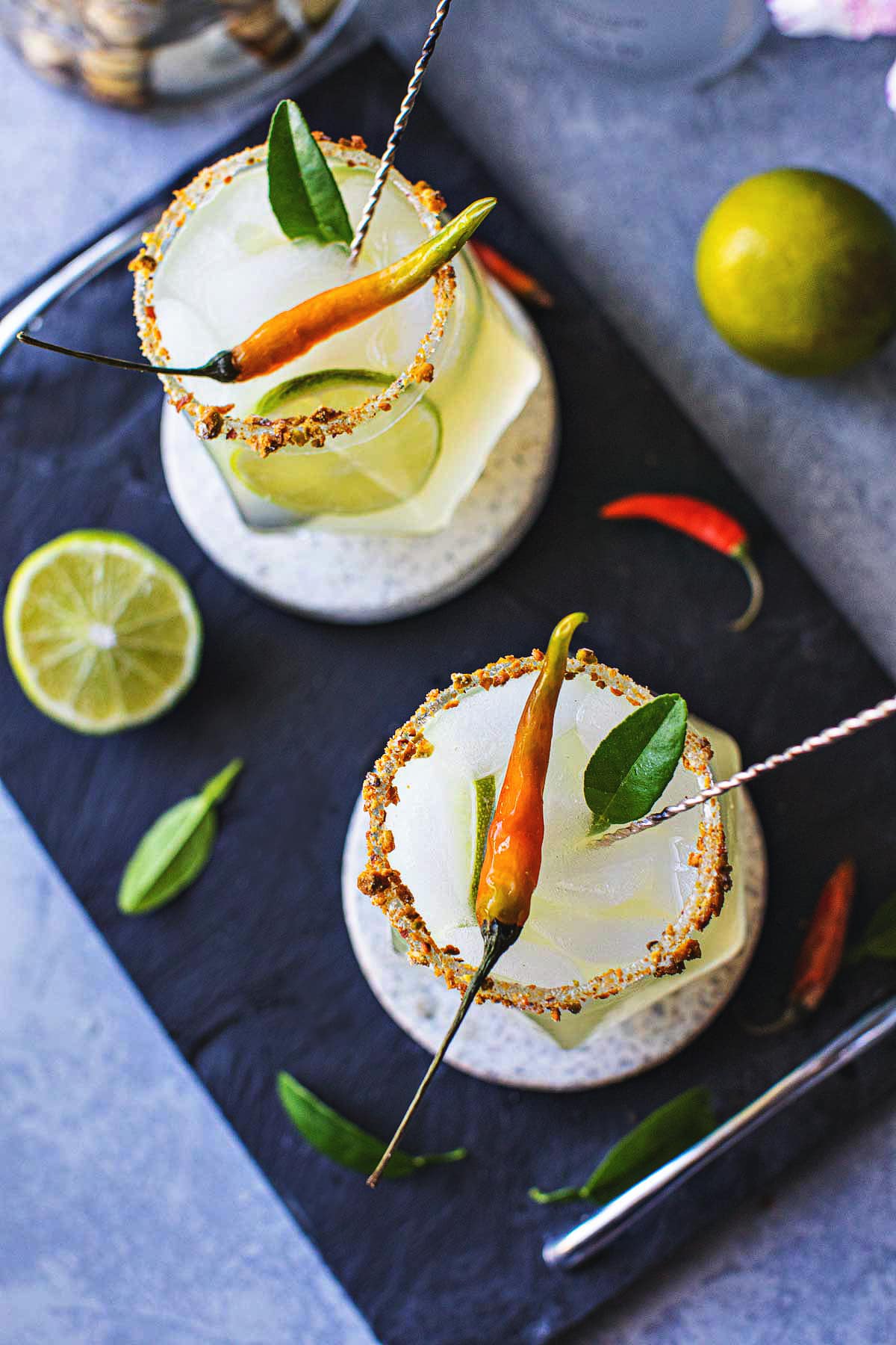 Tom Yum cocktails on a table.