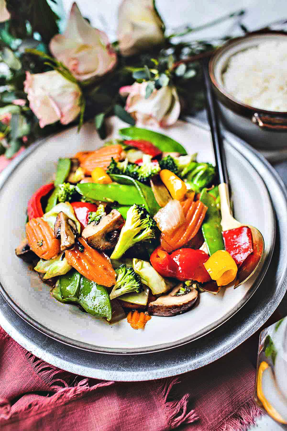 Thai vegetable stir fry on a plate.