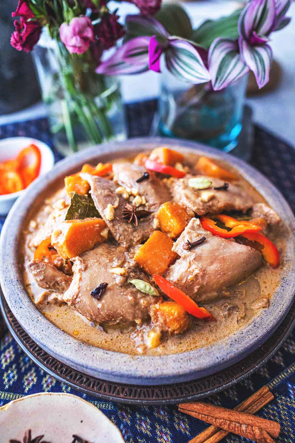 Massaman curry in a bowl.