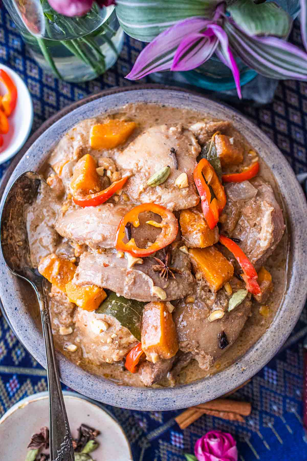 Thai chicken massaman curry in a bowl.