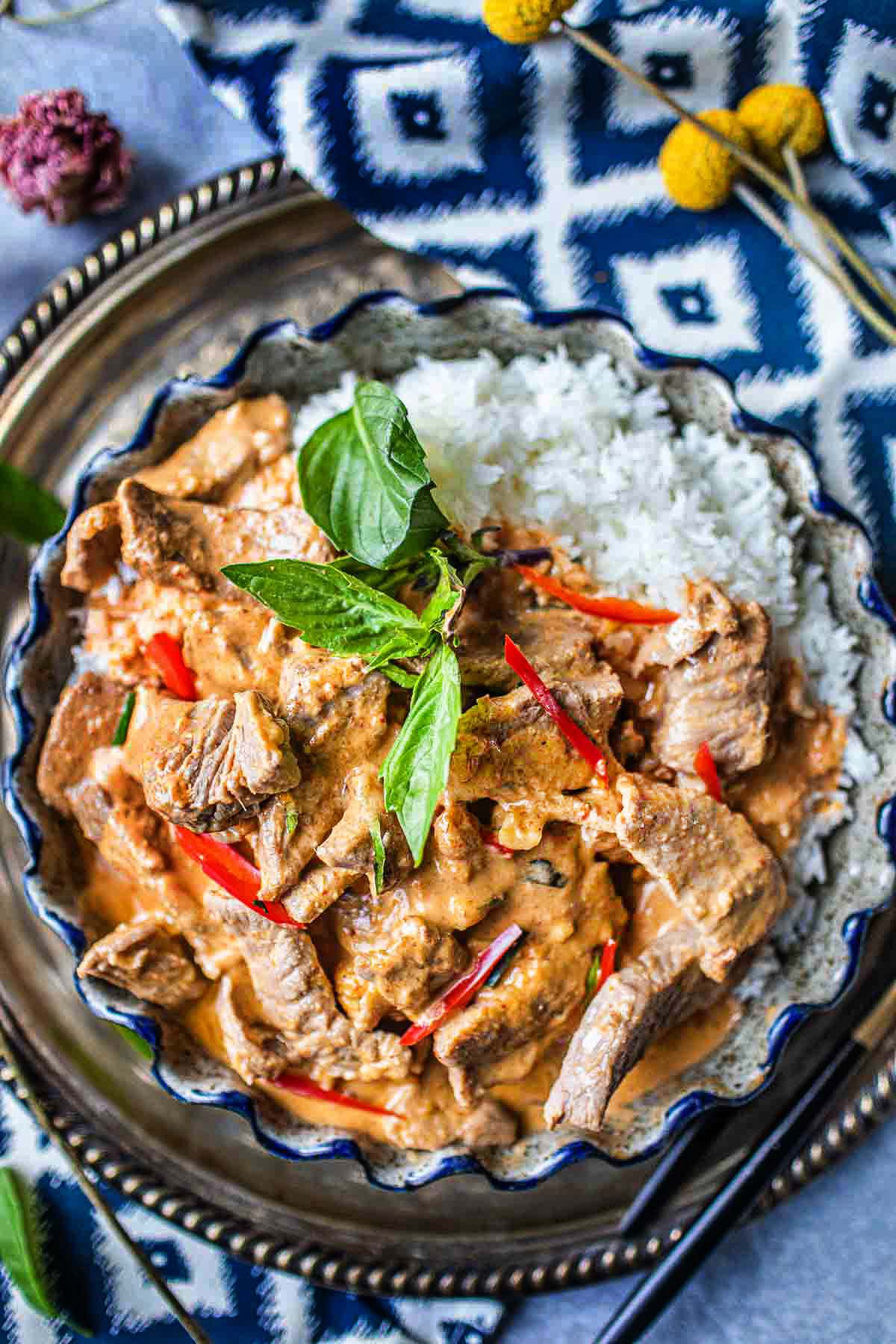 Thai Beef Panang Curry with rice in a platter. 