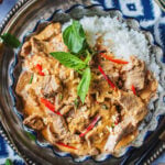 Thai beef Panang curry in a platter with on the table.