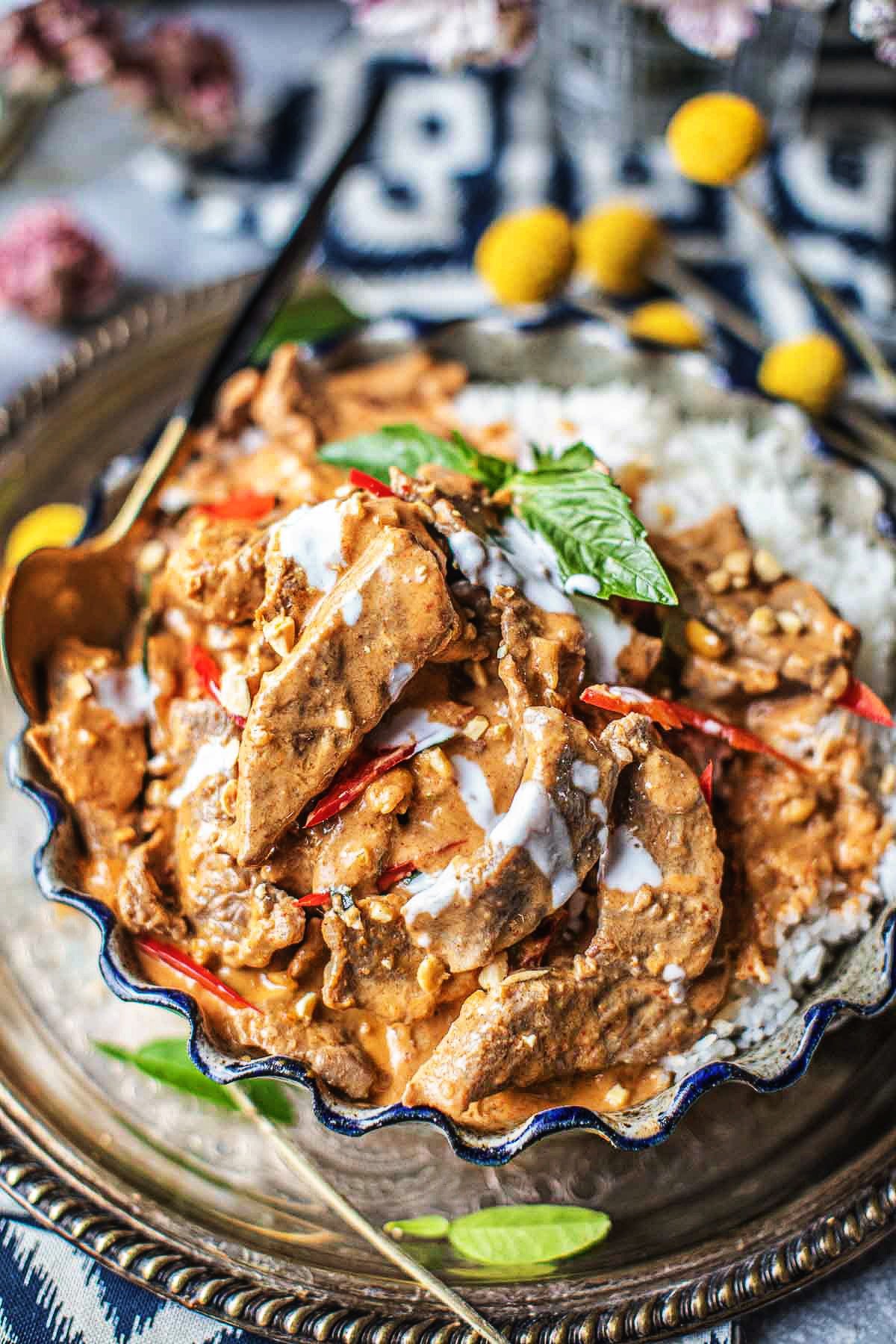 Beef Panang Curry in platter with rice.
