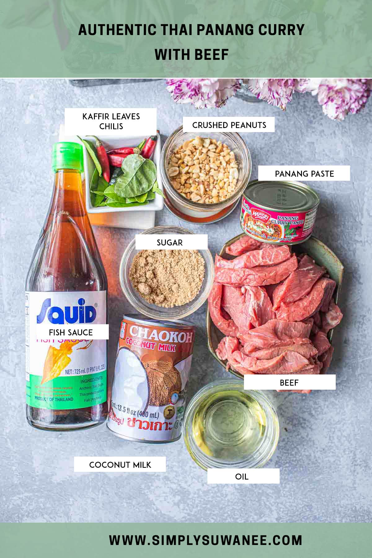 Beef panang curry ingredients on a table. 