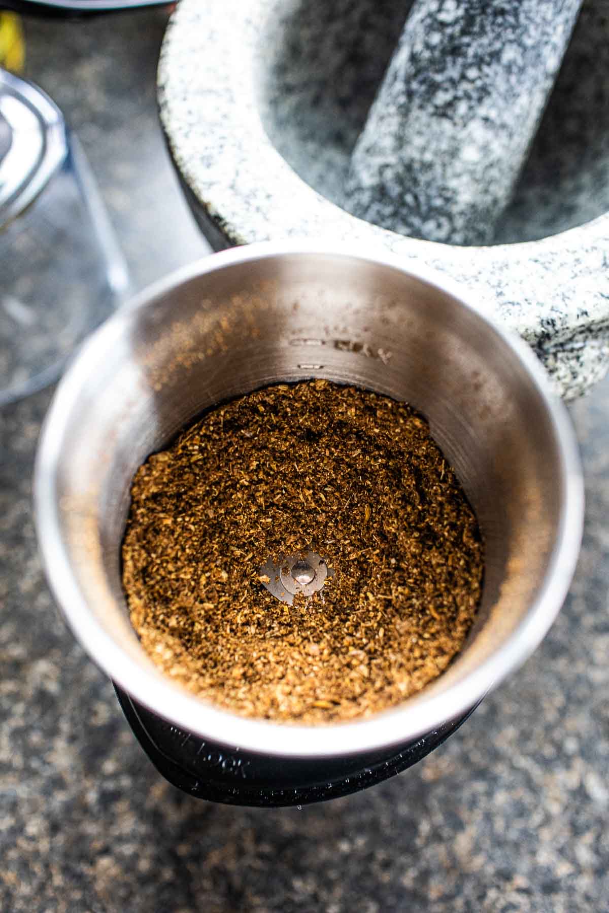 Ground Spices in a spice grinder.