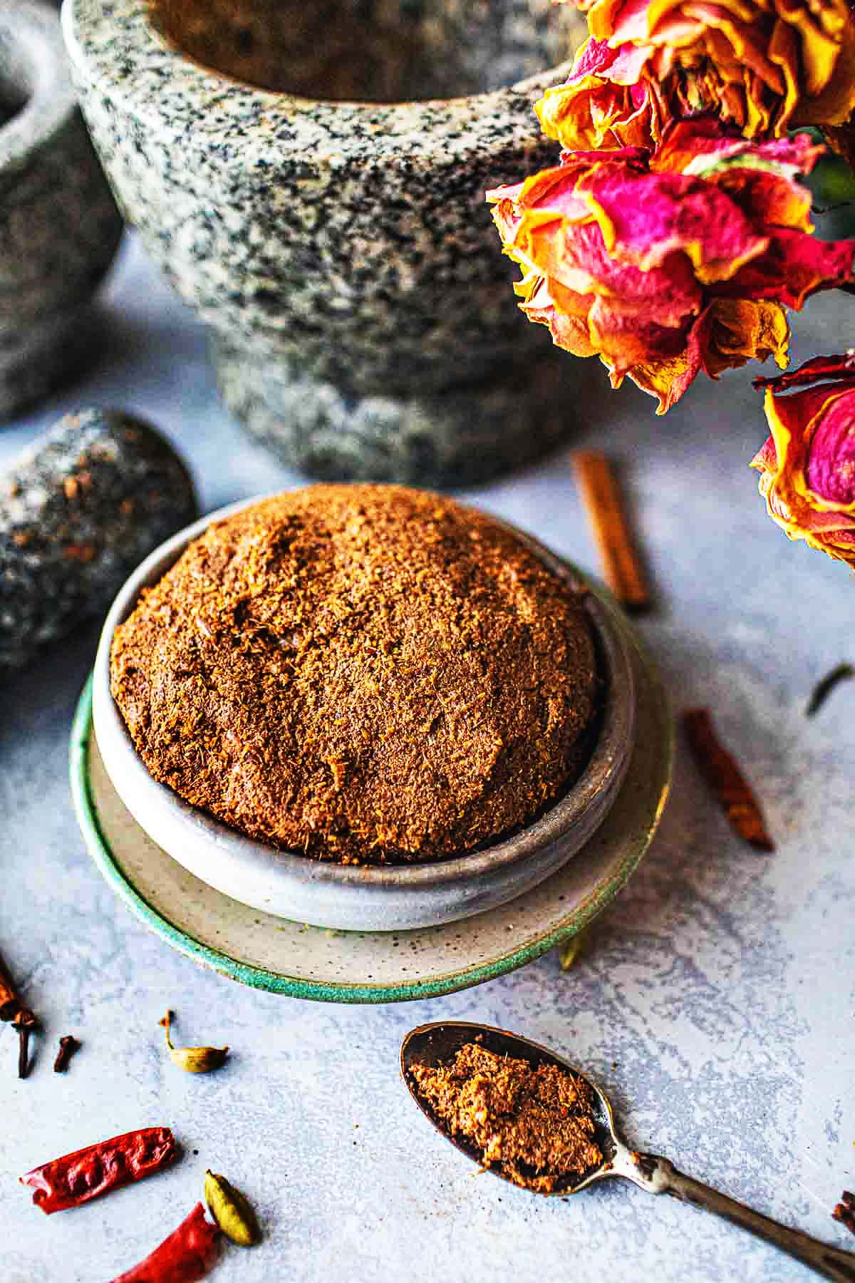 Massaman curry paste in a small bowl on the table. 