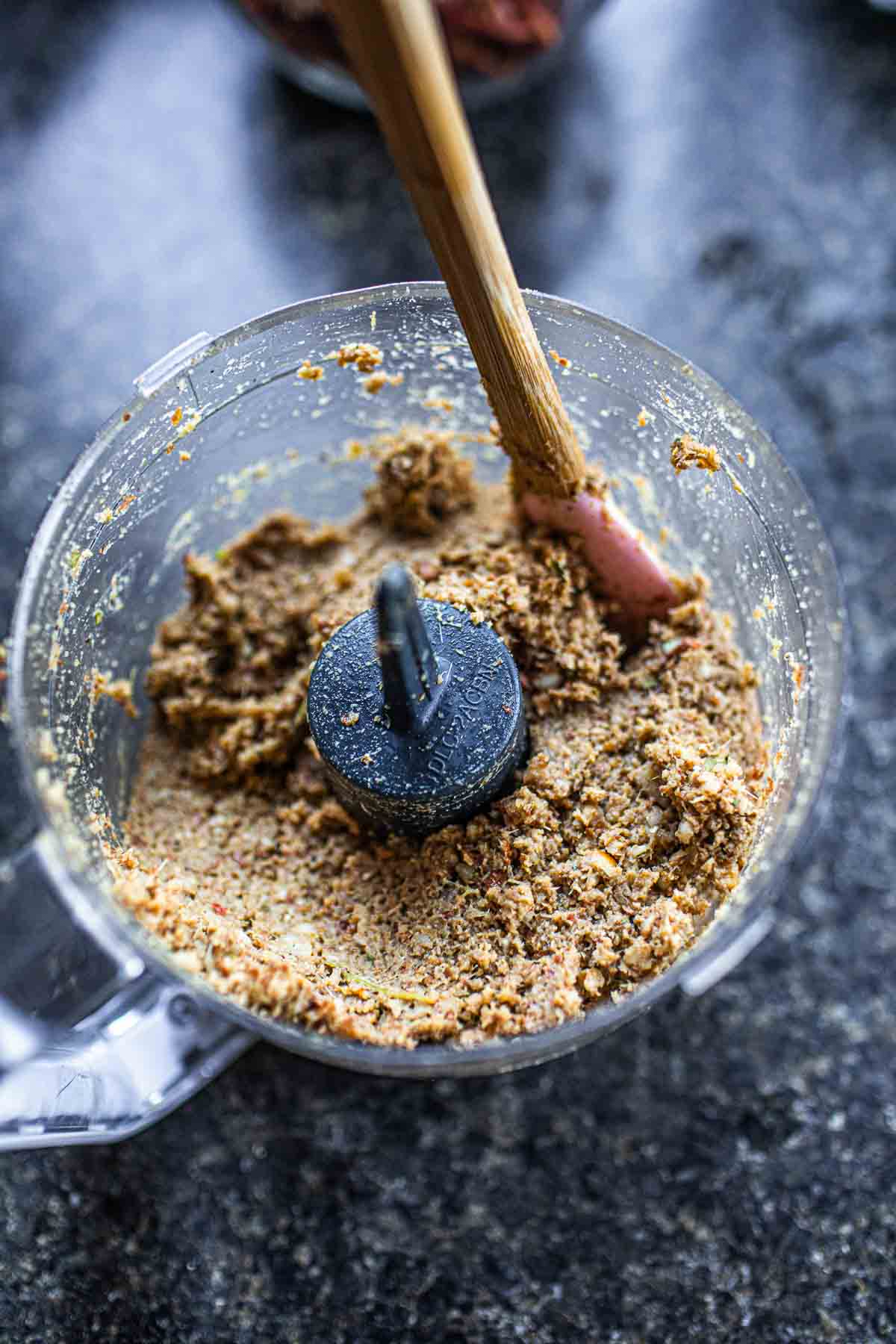 Panang curry paste in a food processor. 