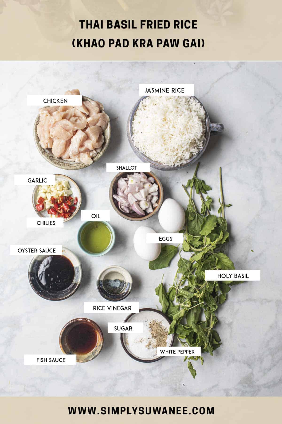 Thai Holy Basil Fried rice ingredients on a table. 