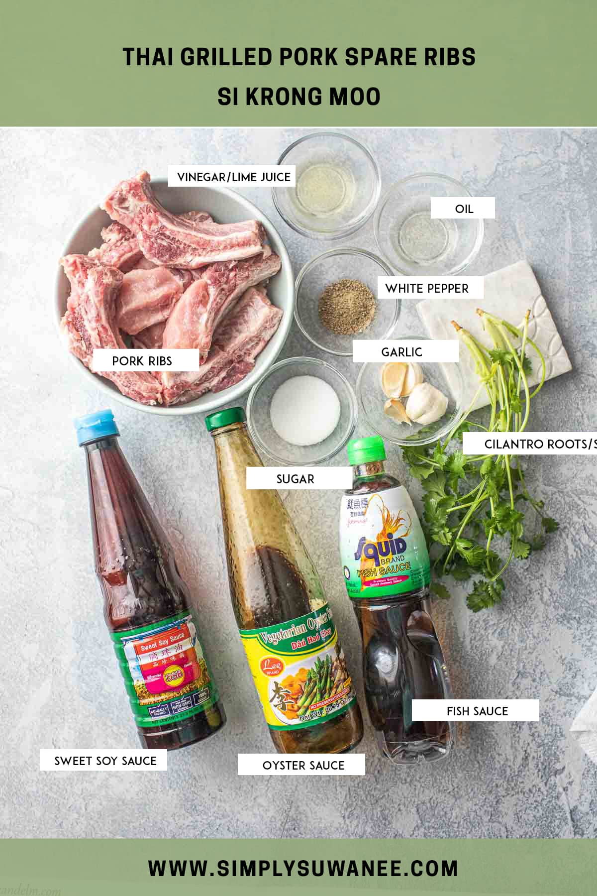 Thai pork ribs ingredients on a table. 