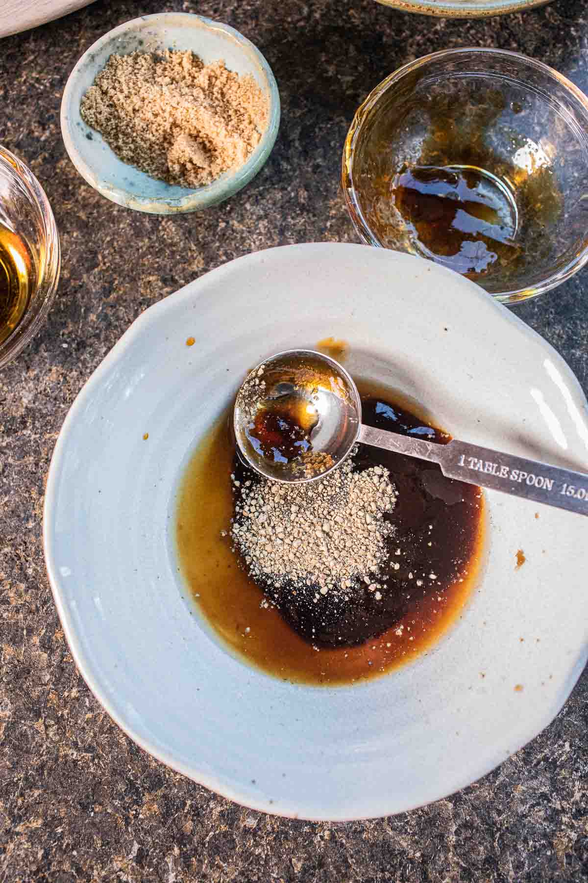 Sauces in a bowl for shrimp fried rice.