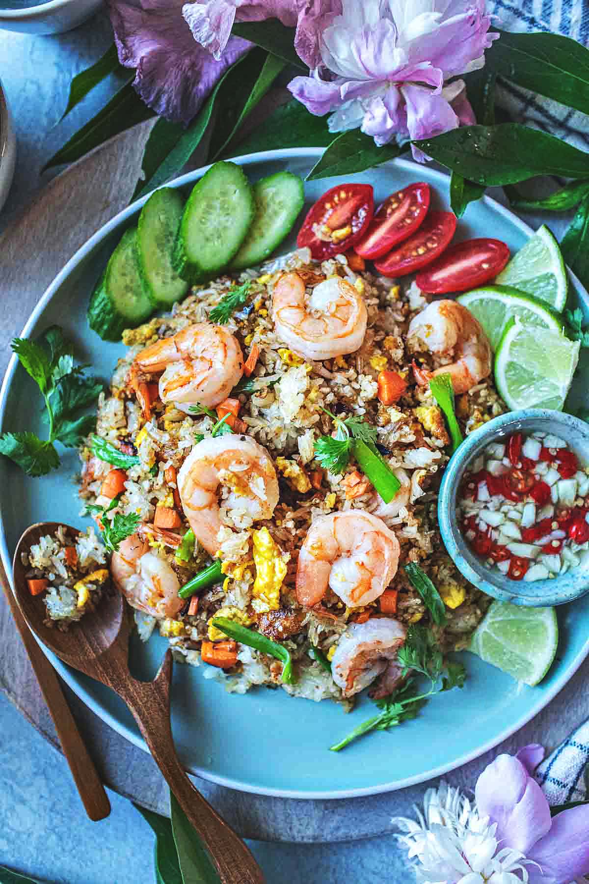 Thai shrimp fried rice on the table.