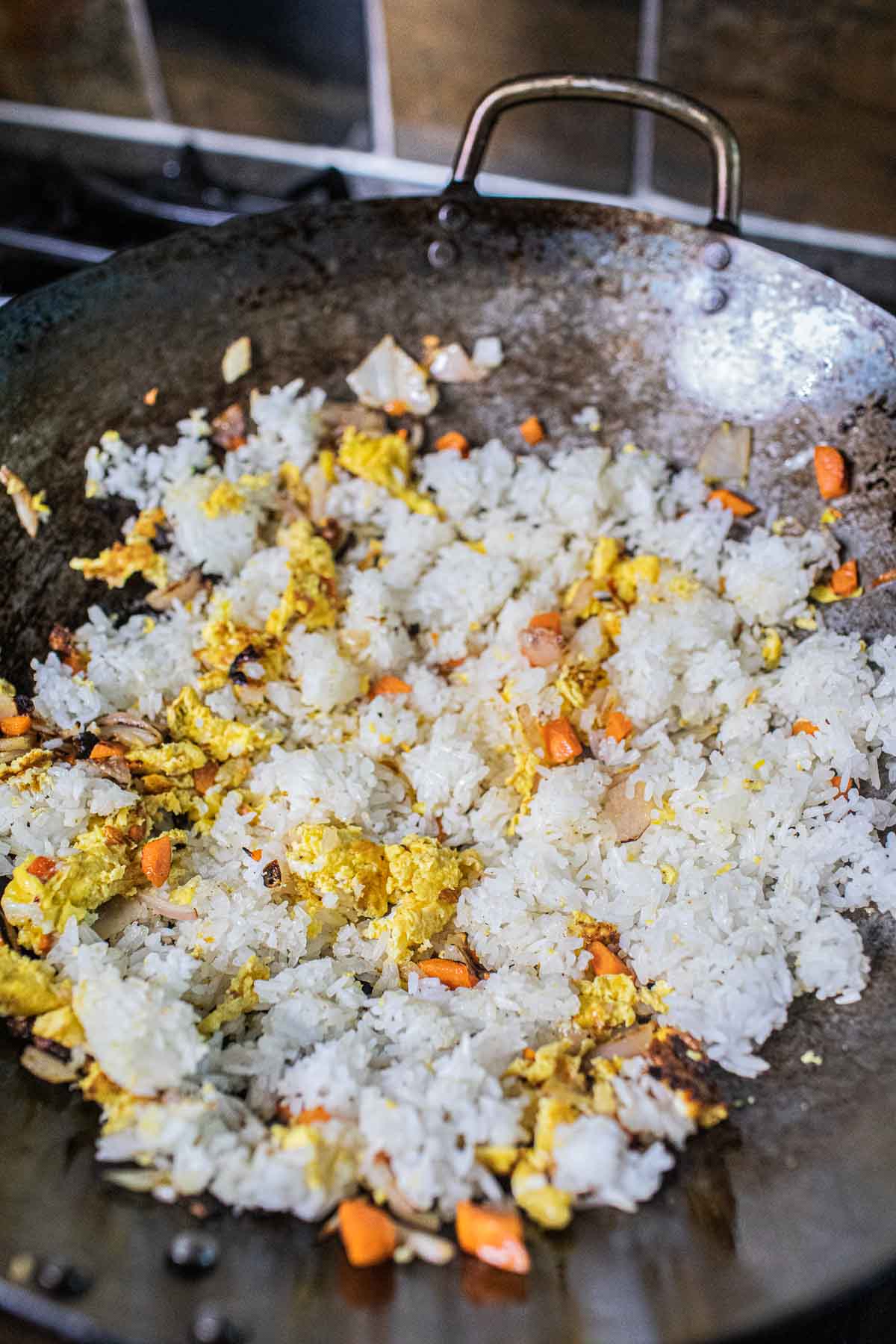 Thai fried rice in a wok.